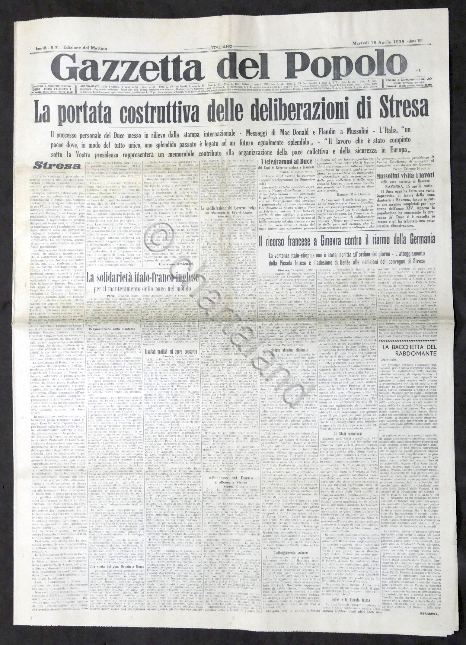 Giornale Gazzetta del Popolo N. 91 Portata costruttiva deliberazioni Stresa …