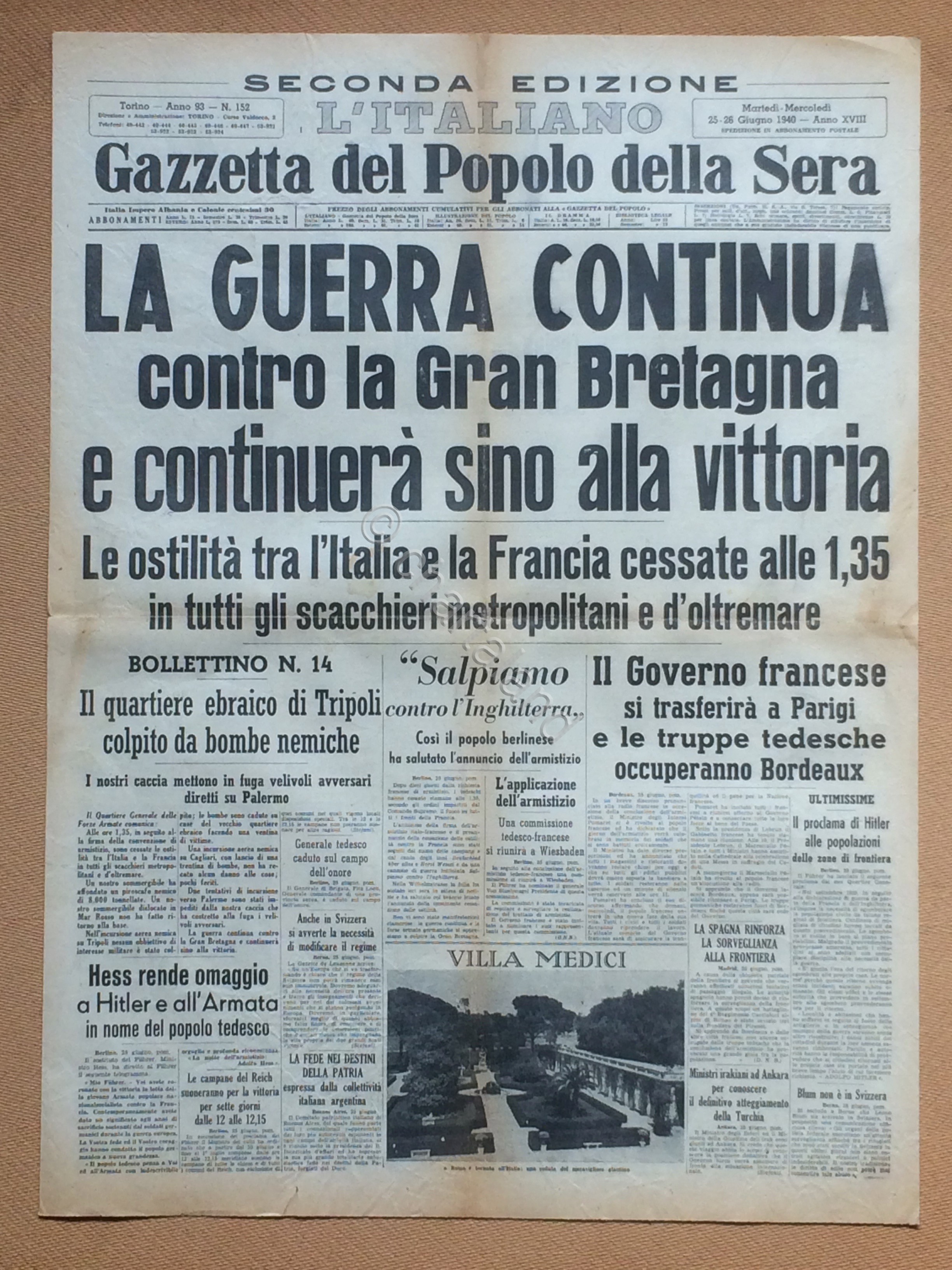 Giornale Gazzetta del Popolo Seconda Edizione 1940 n. 152