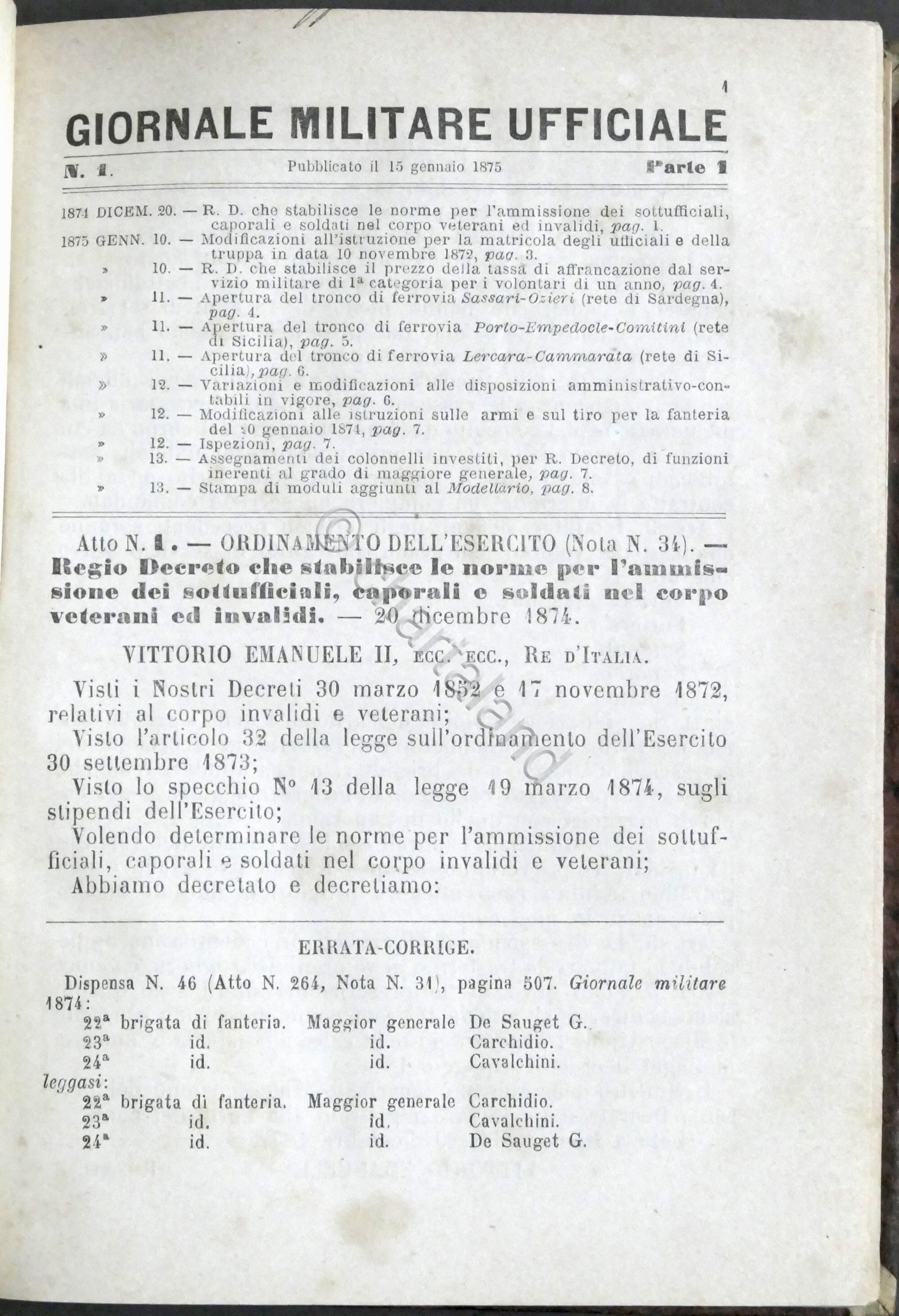 Giornale Militare Ufficiale - Raccolta fascicoli Anno 1875