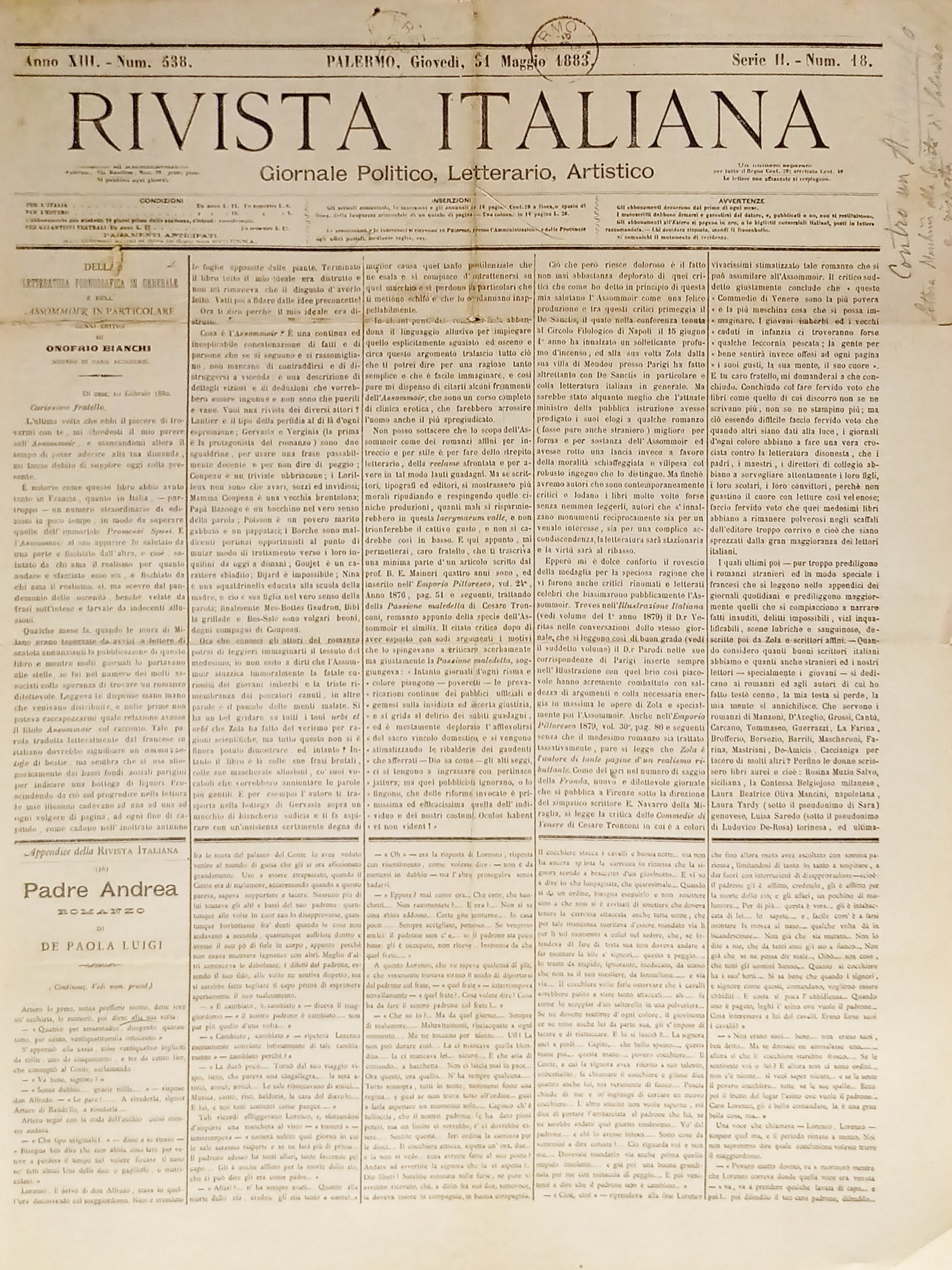 Giornale Politico Letterario Artistico - Rivista Italiana N. 538 - …