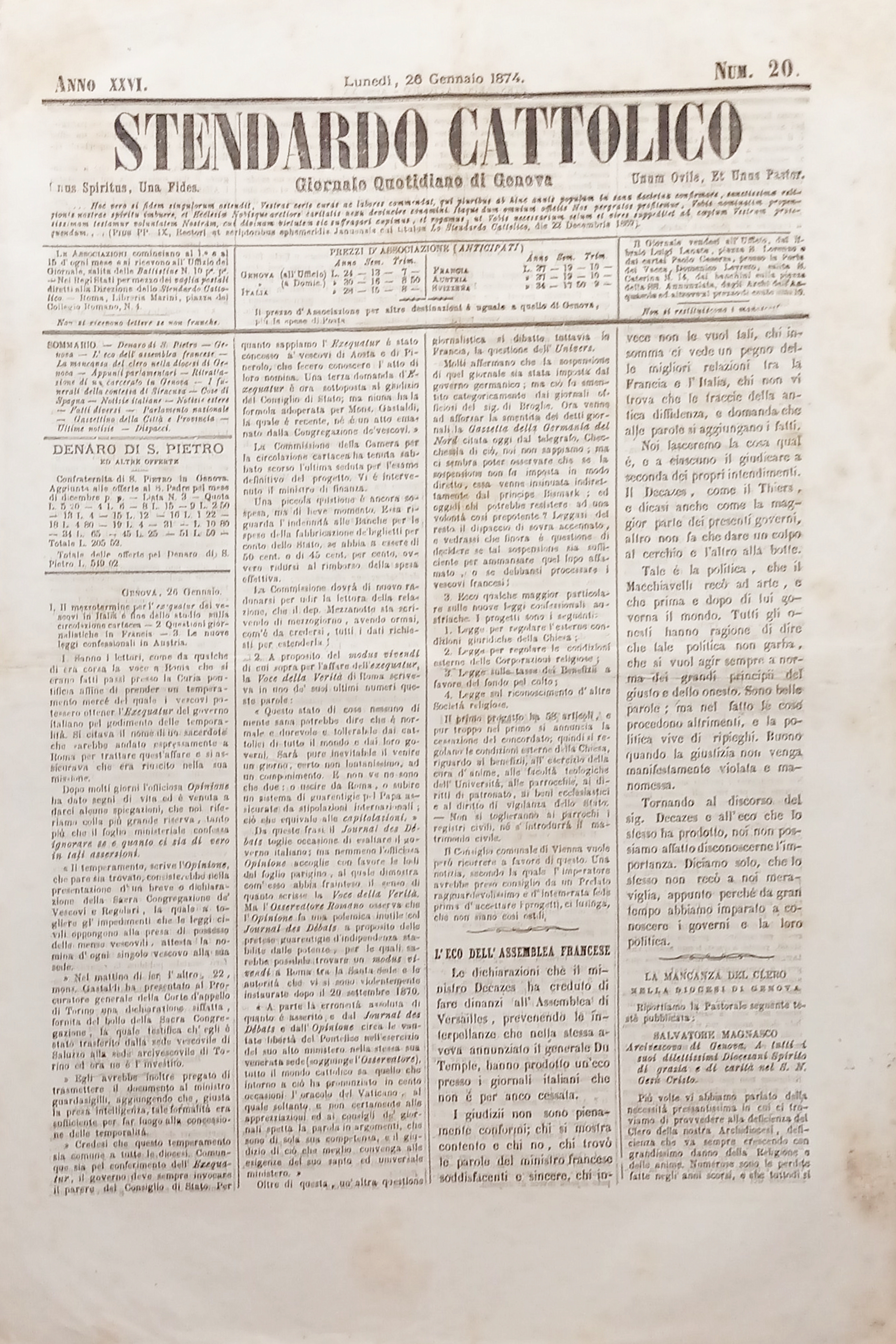 Giornale Quotidiano di Genova - Stendardo Cattolico N. 20 - …