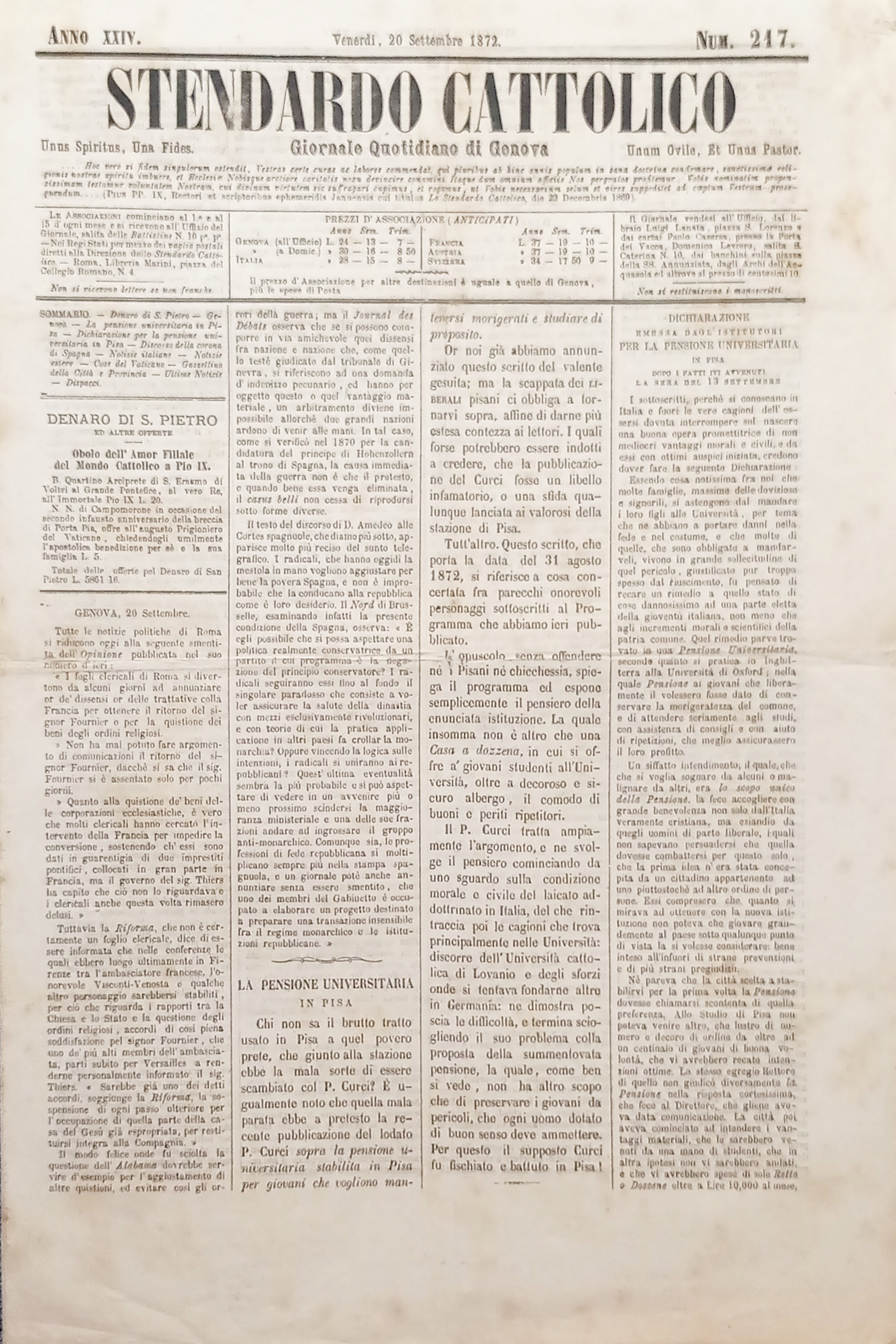 Giornale Quotidiano di Genova - Stendardo Cattolico N. 217 - …