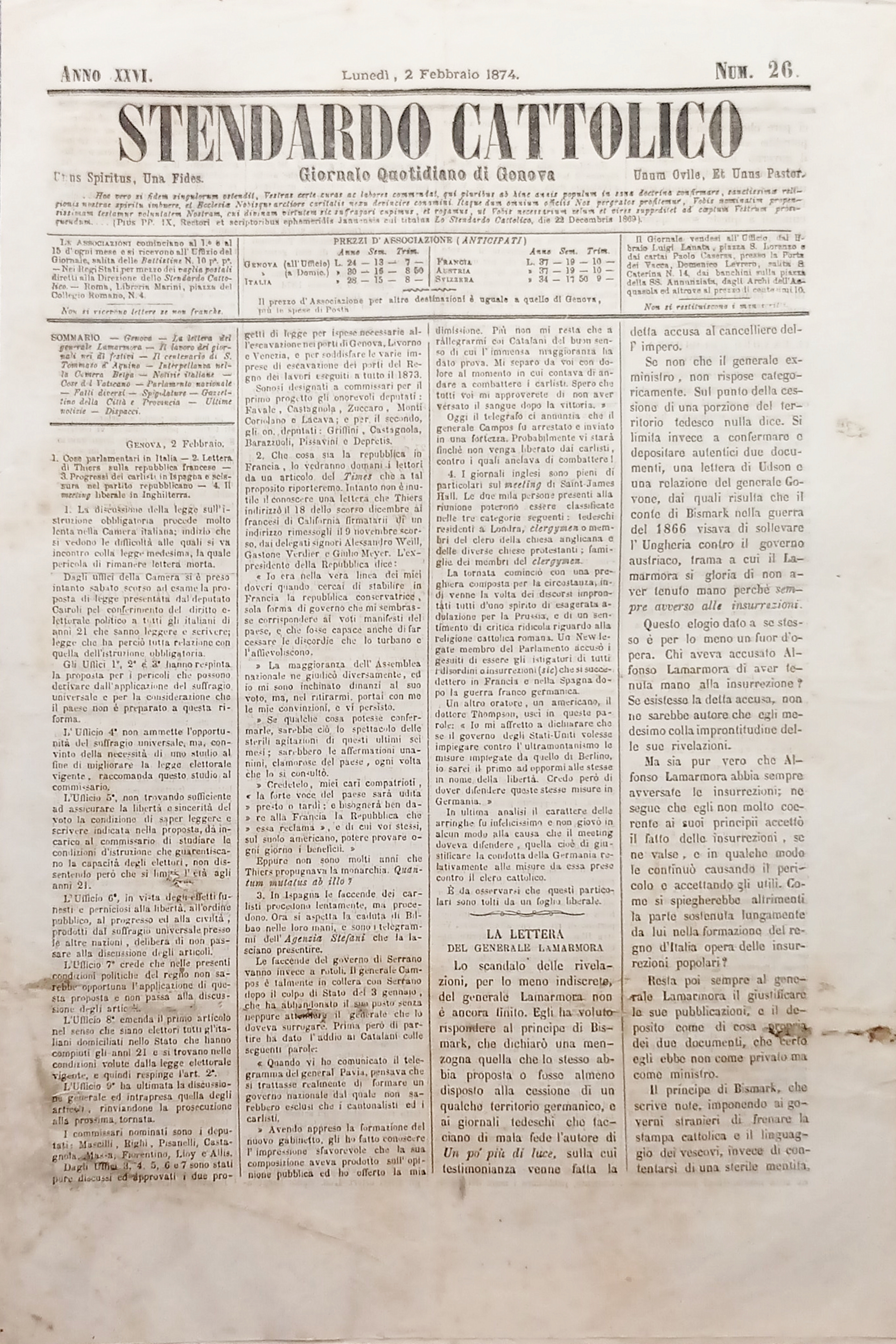 Giornale Quotidiano di Genova - Stendardo Cattolico N. 26 - …