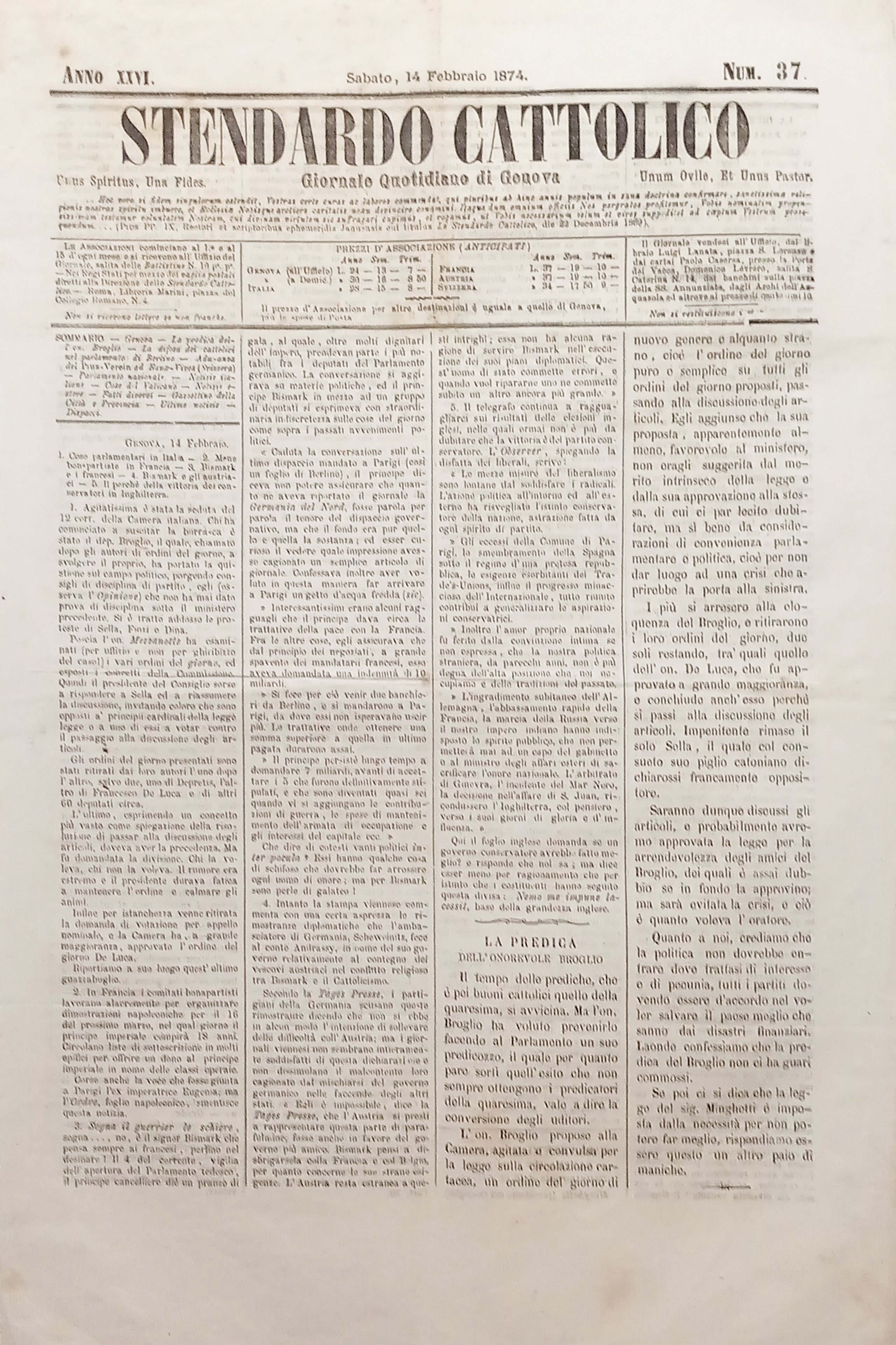 Giornale Quotidiano di Genova - Stendardo Cattolico N. 37 - …