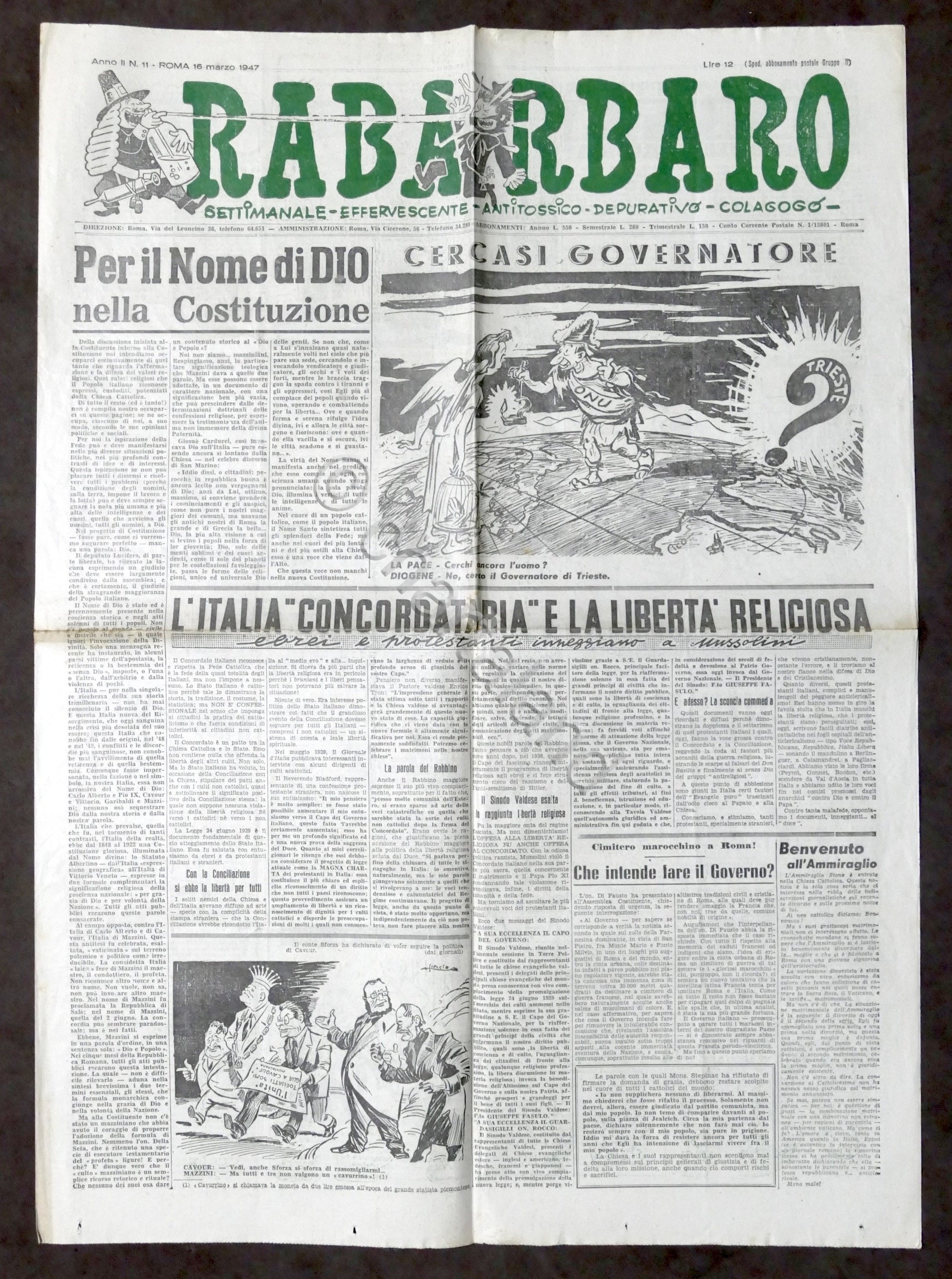 Giornale Settimanale Satira - Rabarbaro N. 11 Roma - 1947