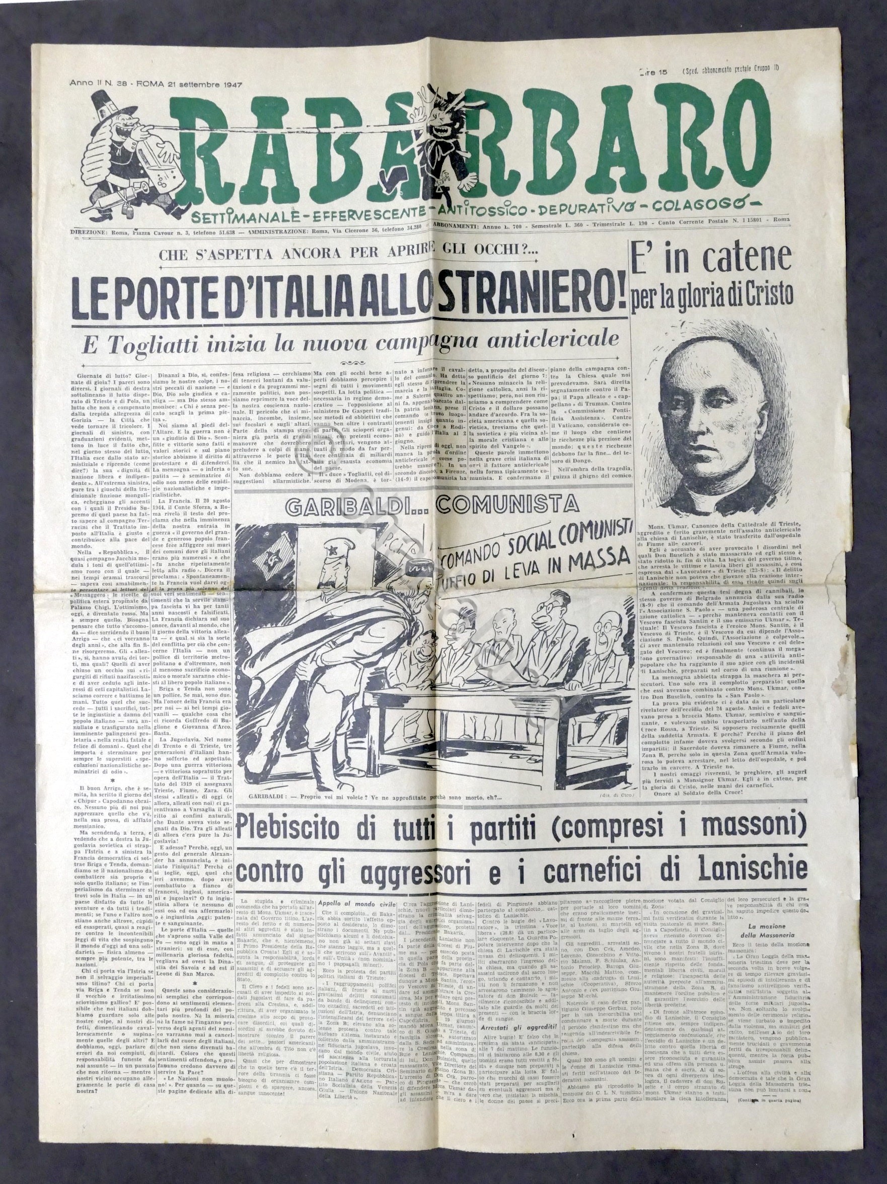 Giornale Settimanale Satira - Rabarbaro N. 38 Roma - 1947