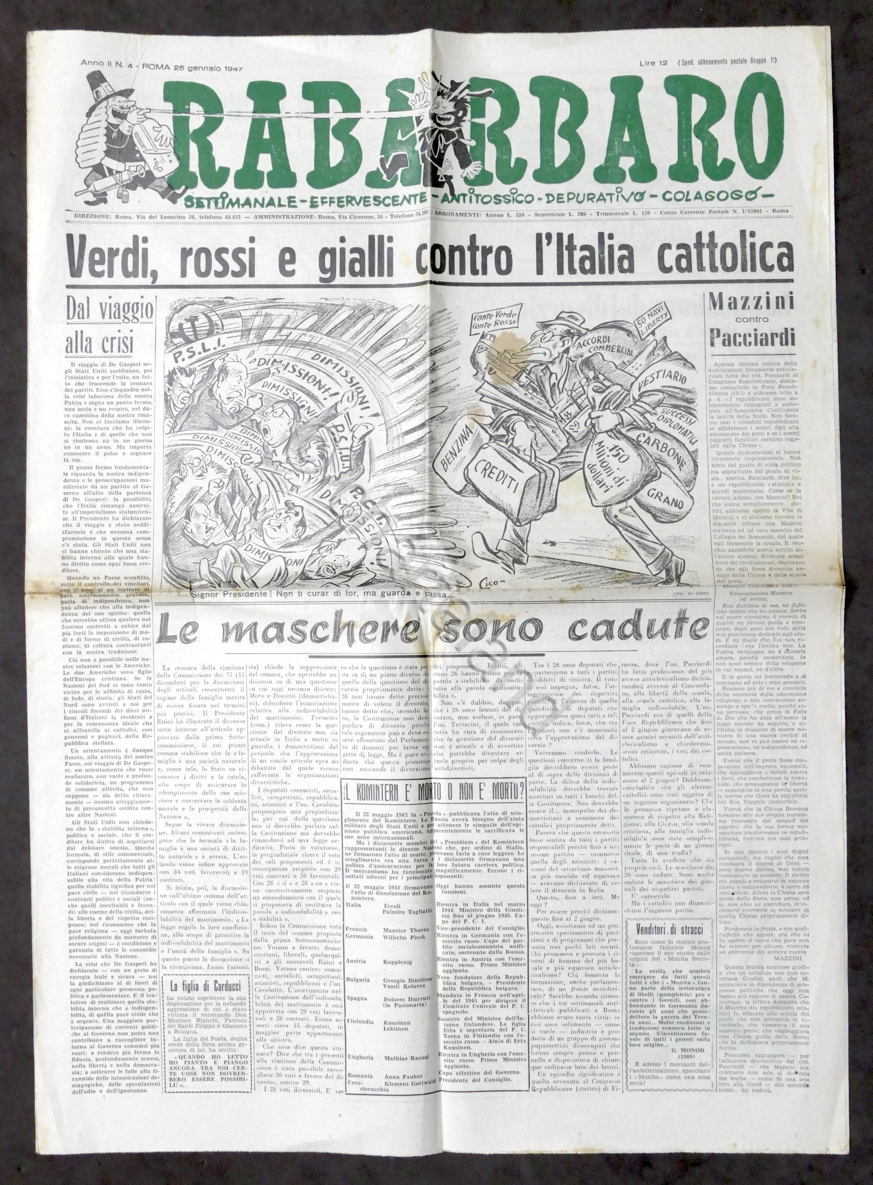 Giornale Settimanale Satira - Rabarbaro N. 4 Roma - 194