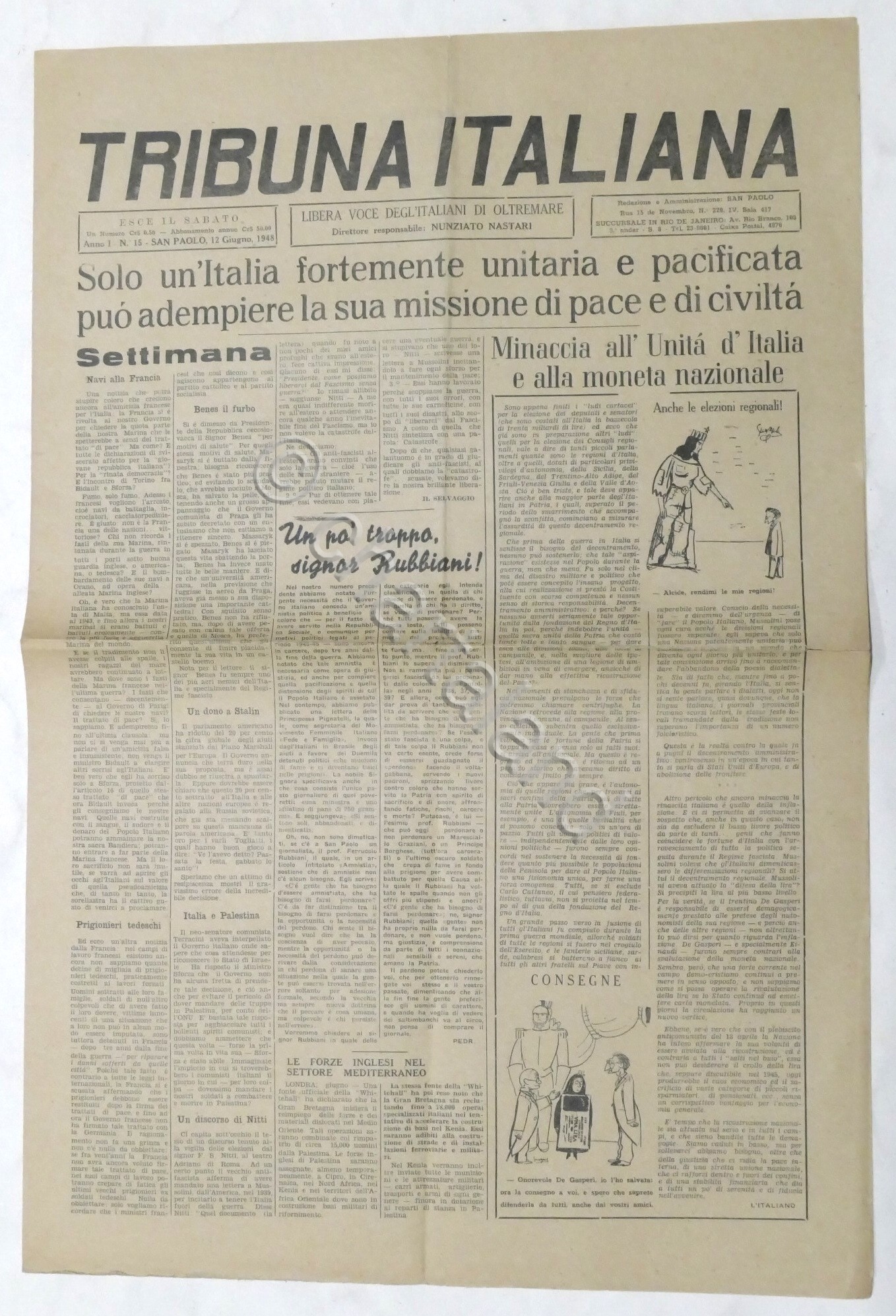 Giornale Tribuna Italiana Anno I N. 15 - 1948 - …