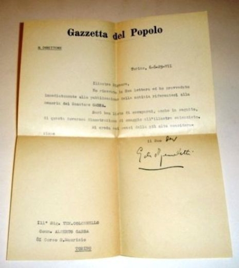 Giornalismo Lettera Autografo G. De Benedetti Gazzetta del Popolo 1929