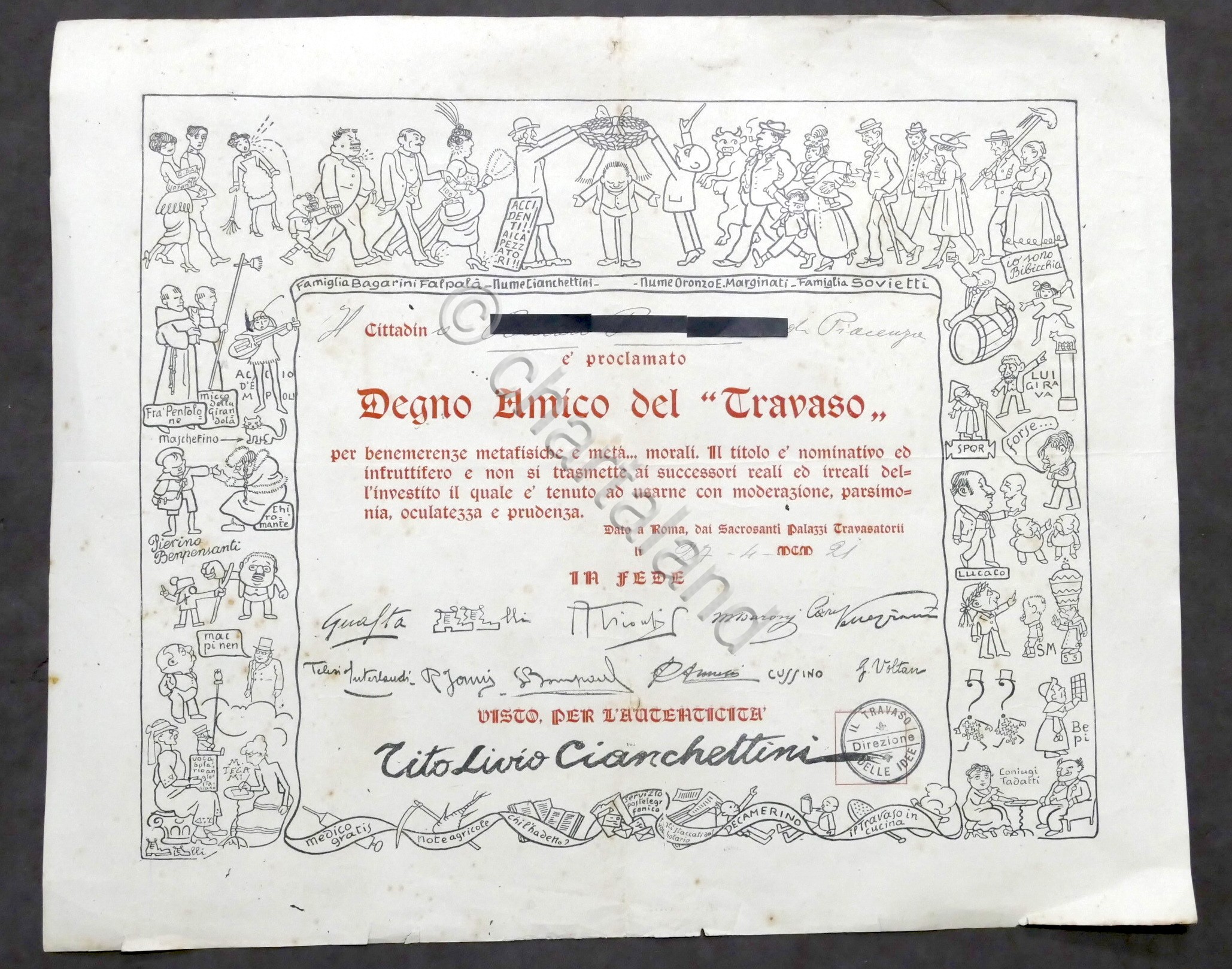 Goliardia - Diploma - Degno Amico del Travaso - 1921