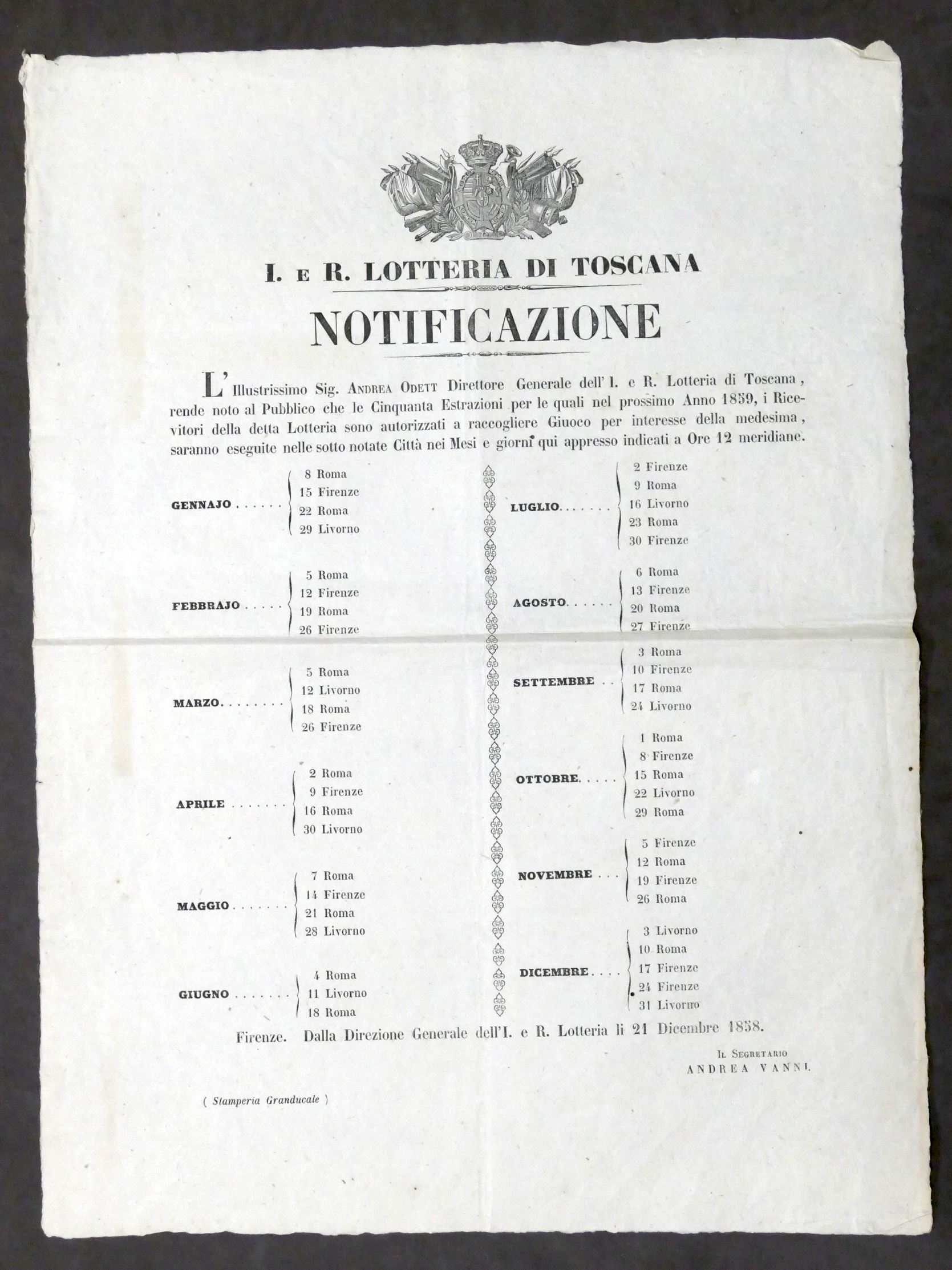 I. e R. Lotteria di Toscana Notificazione giornate e città …