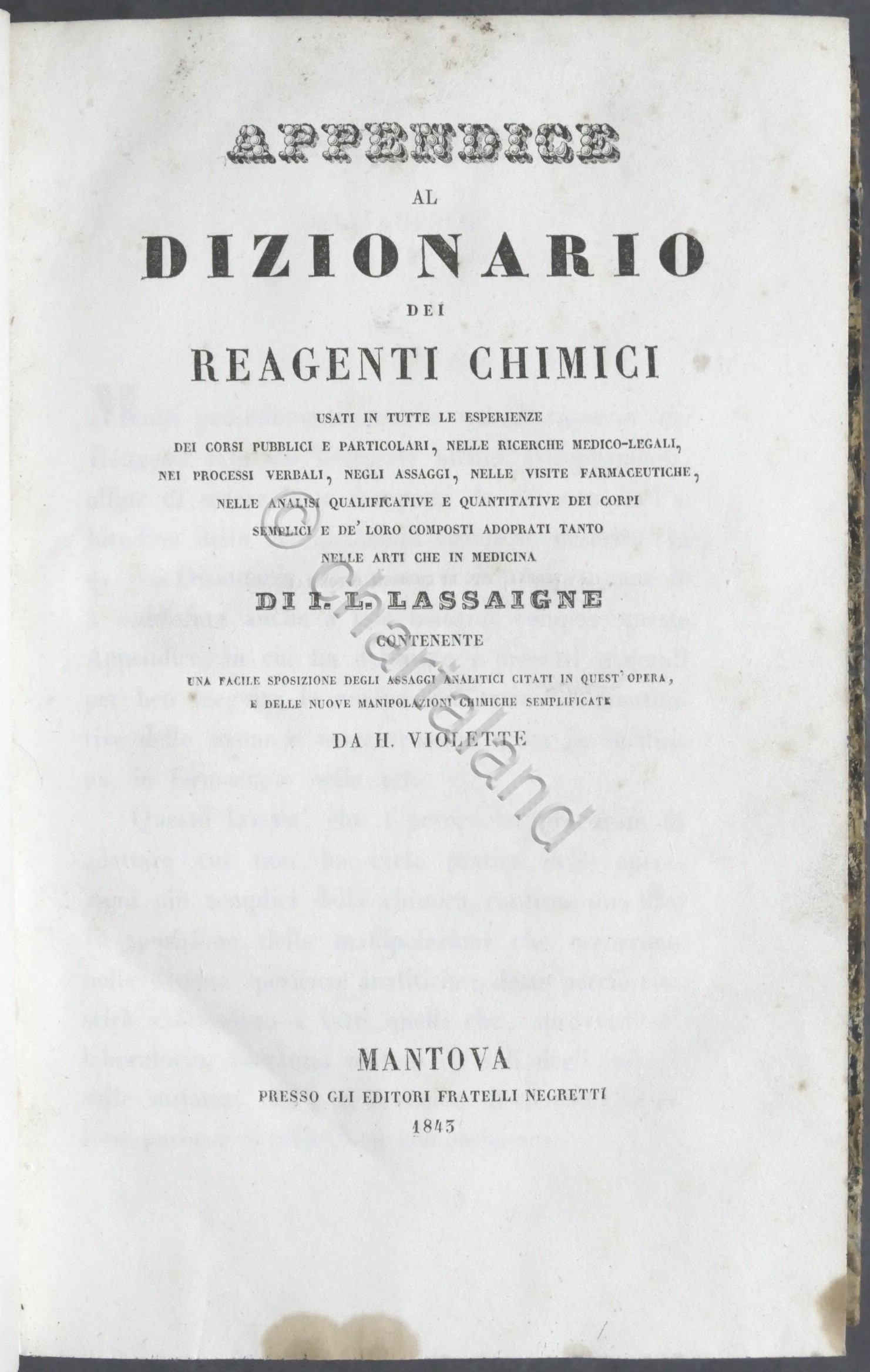 I. L. Lassaigne - Appendice al Dizionario dei reagenti chimici …