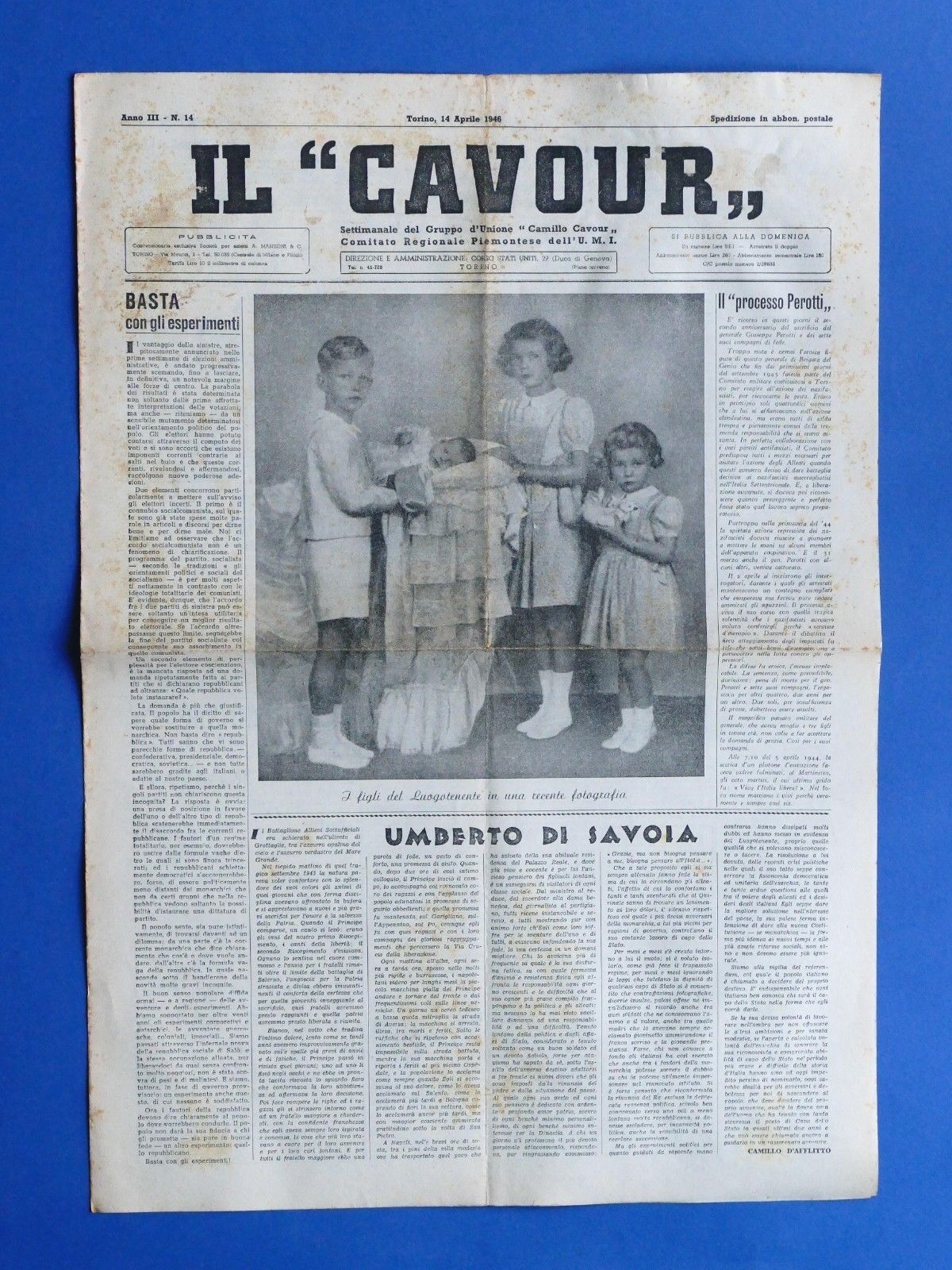 Il Cavour Settimanale Unione Monarchica Italiana Torino - N° 14 …