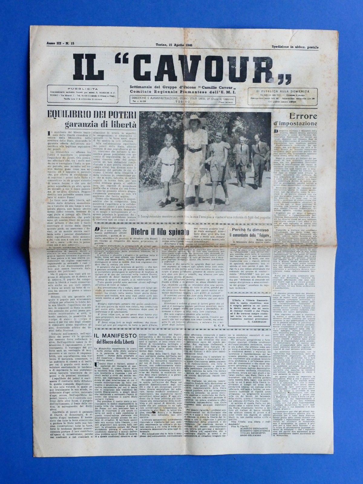 Il Cavour Settimanale Unione Monarchica Italiana Torino - N° 15 …