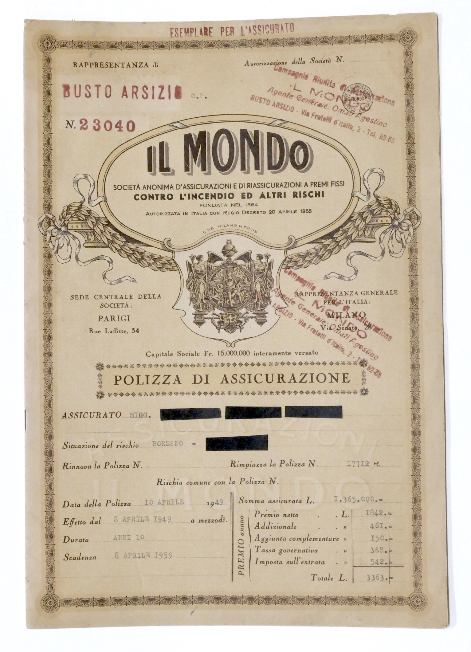 Il Mondo Società Assicurazioni contro incendio - Polizza di Assicurazione …