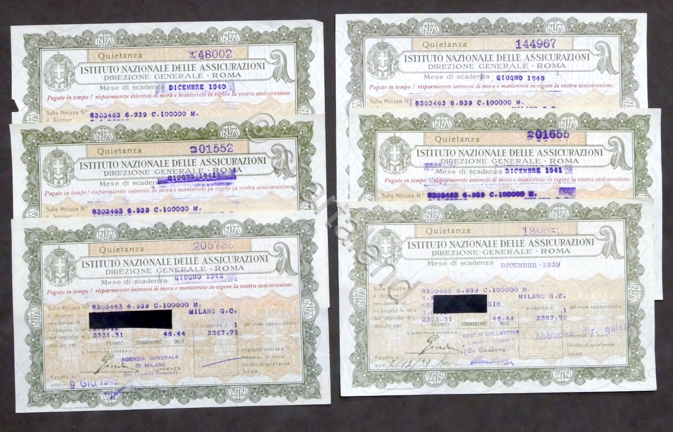 INA Istituto Nazionale Assicurazioni - Lotto 6 Quietanze pagamento - …