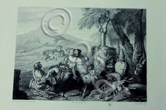 Incisione d'autore '800 da dipinto Castiglione Satiro e Baccante, dis …