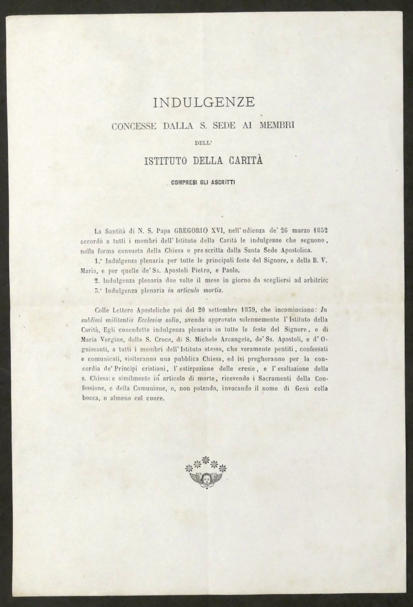 Indulgenze concesse dalla S. Sede ai membri dell'Istituto della Carità …