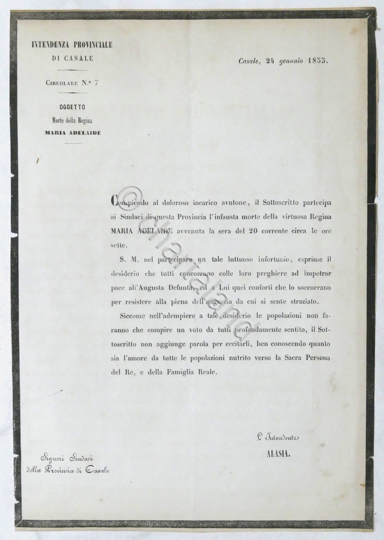 Intendenza Prov. Casale - Circolare N. 7 Lutto morte Regina …