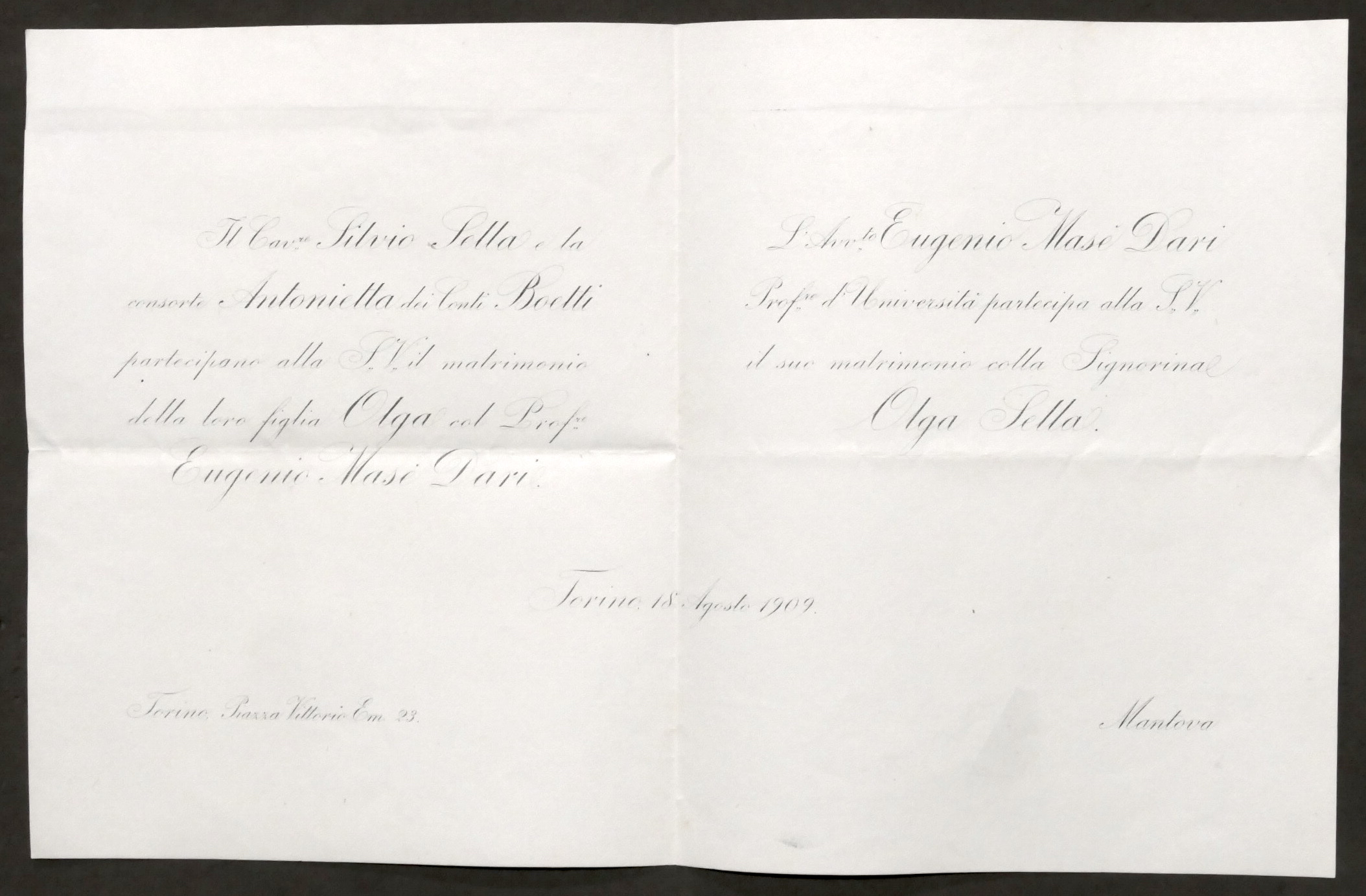Invito Nozze avvocato Eugenio Masè Dari con la signorina Olga …