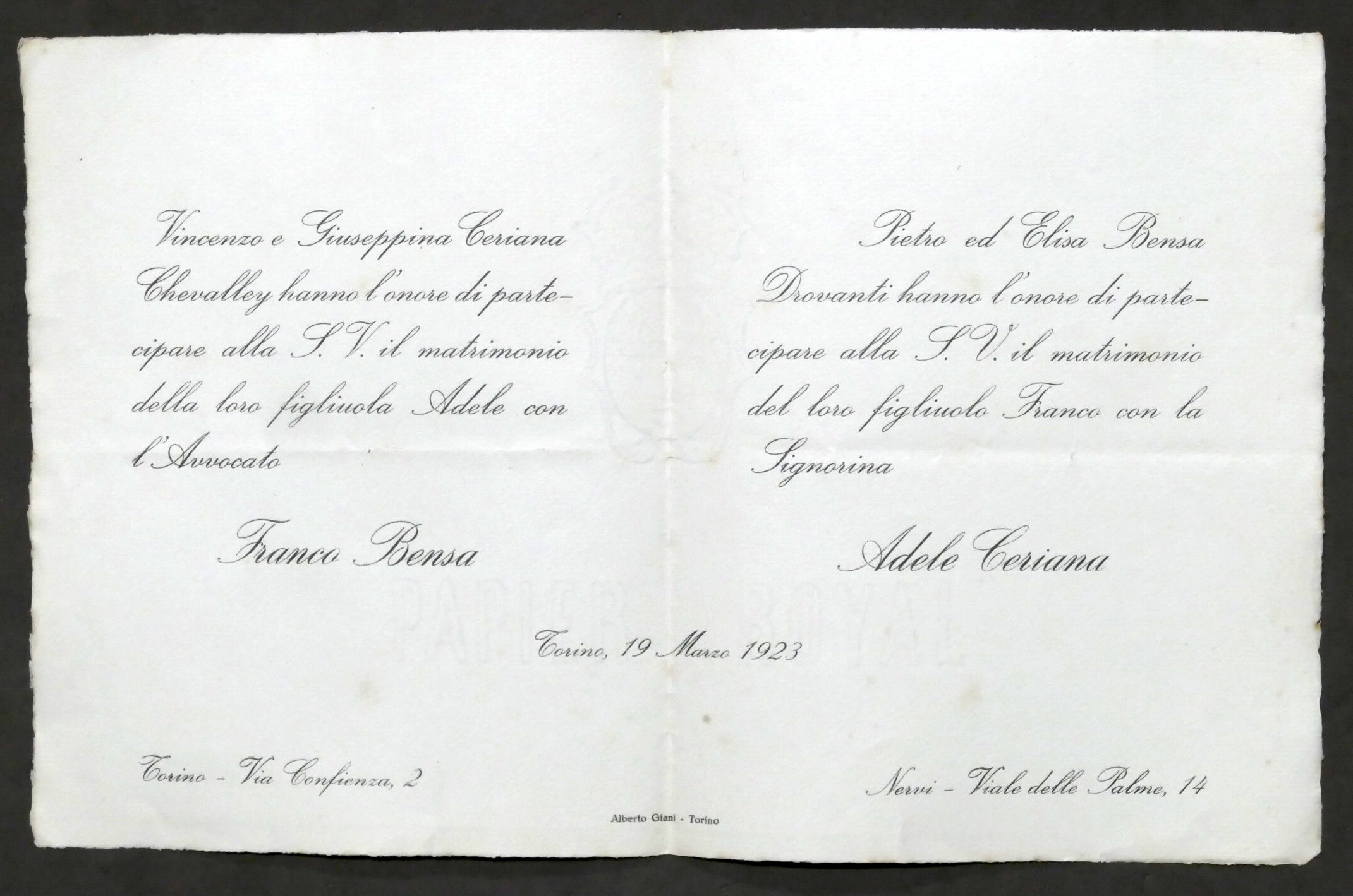 Invito Nozze avvocato Franco Bensa con la signorina Adele Ceriana …