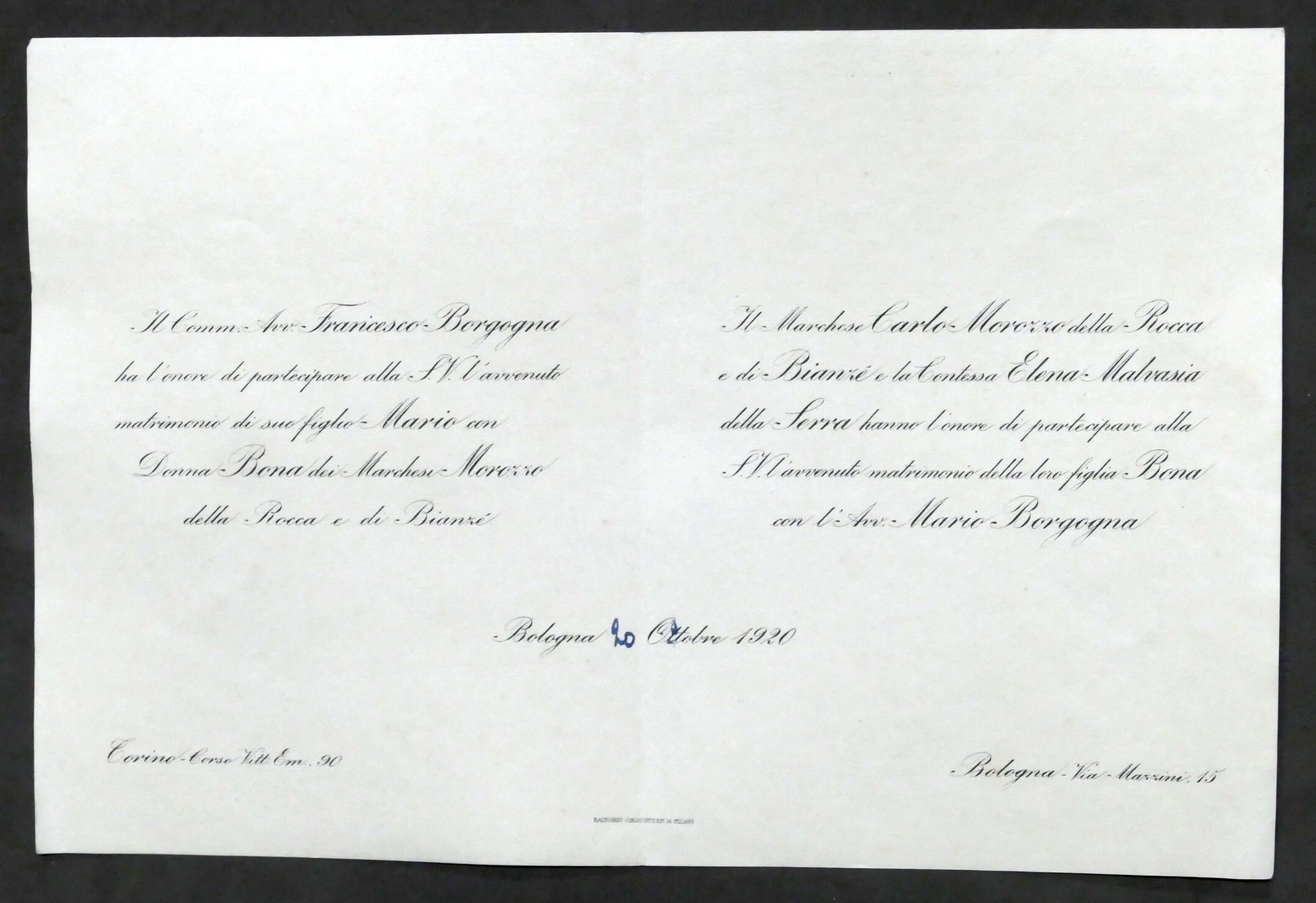 Invito Nozze avvocato Mario Borgogna con Donna Bona dei Marchesi …