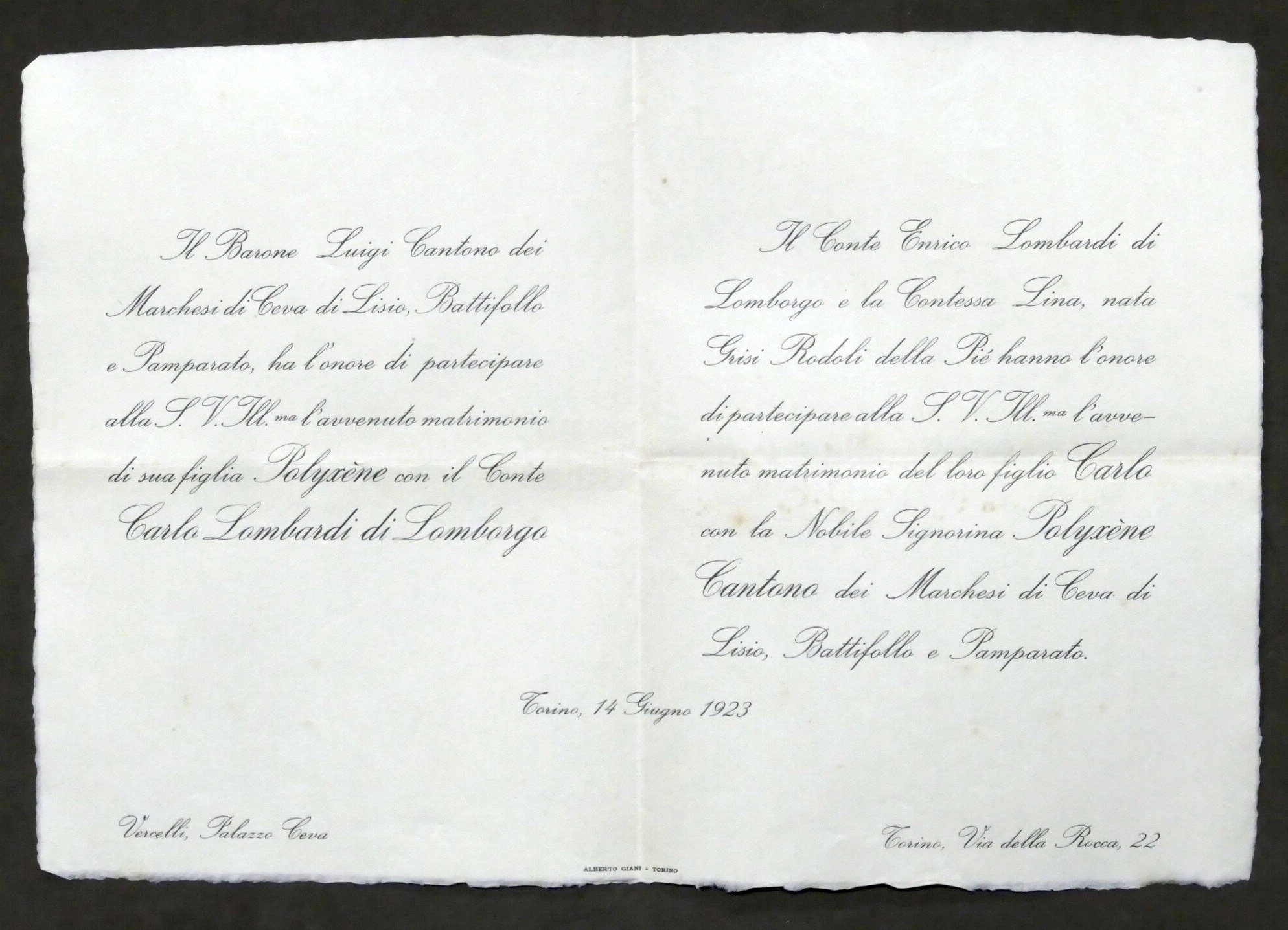 Invito Nozze conte Carlo Lombardi con la signorina Polyxiene Cantono …