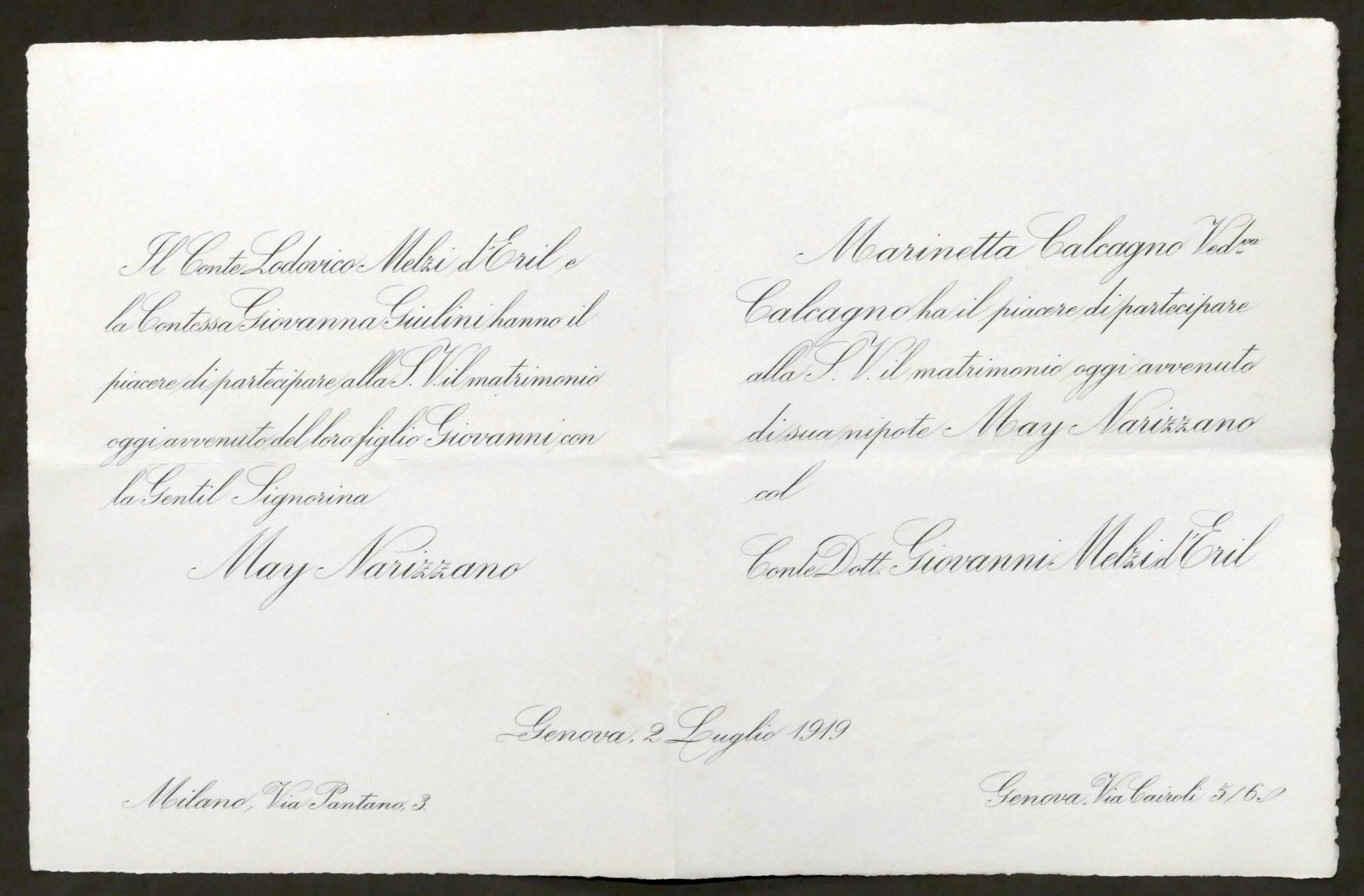 Invito Nozze Conte Giovanni Melzi d'Eril con la signorina May …