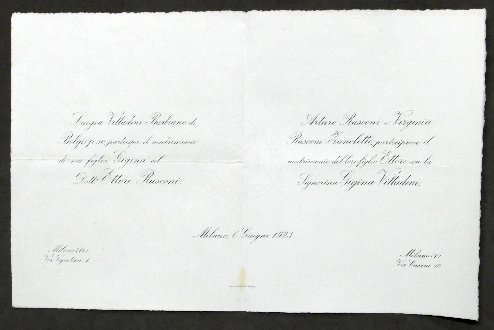 Invito Nozze dottor Ettore Rusconi e la signorina Gigina Vittadini …