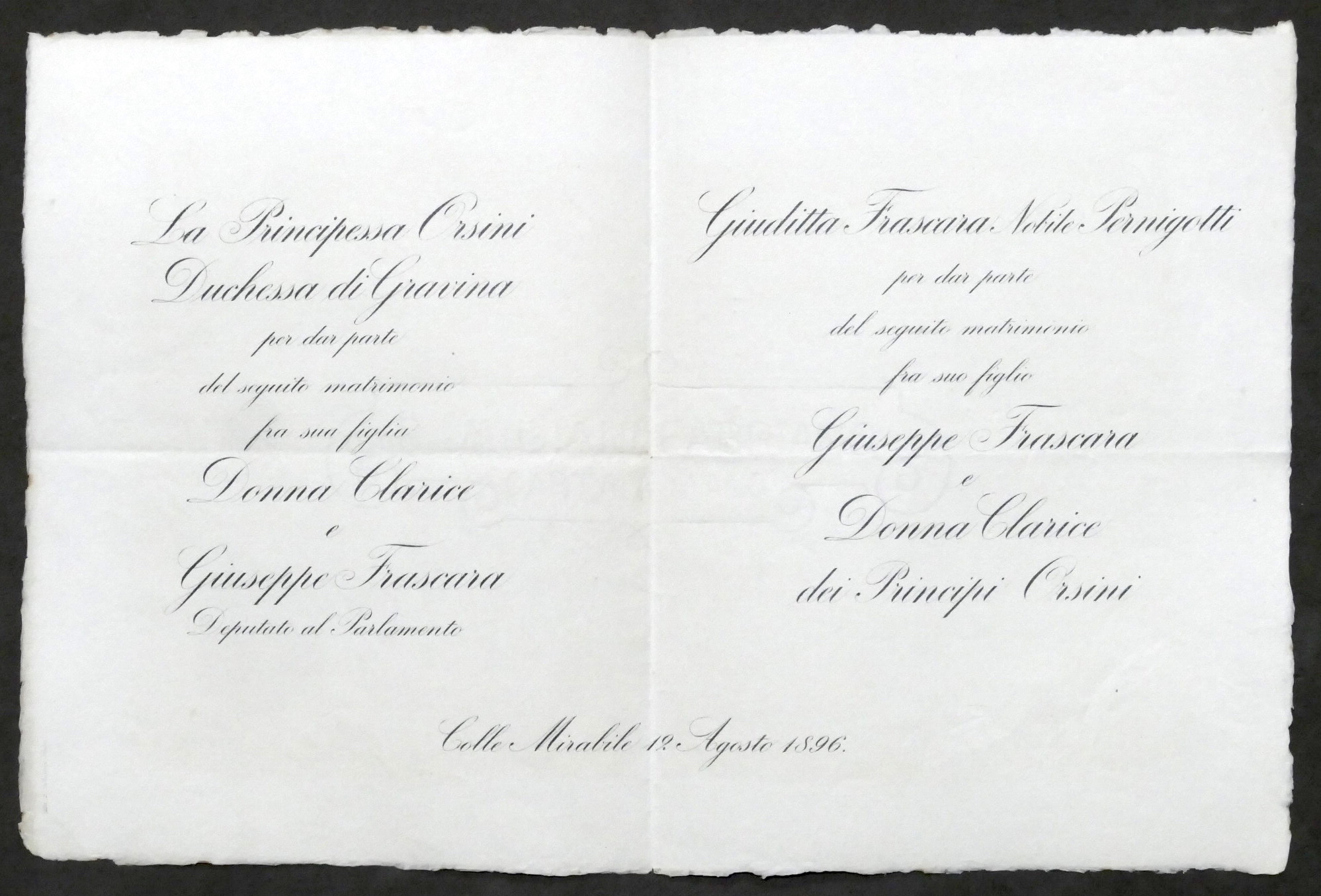 Invito Nozze Giuseppe Frascara con Donna Clarice dei Principi Orsini …