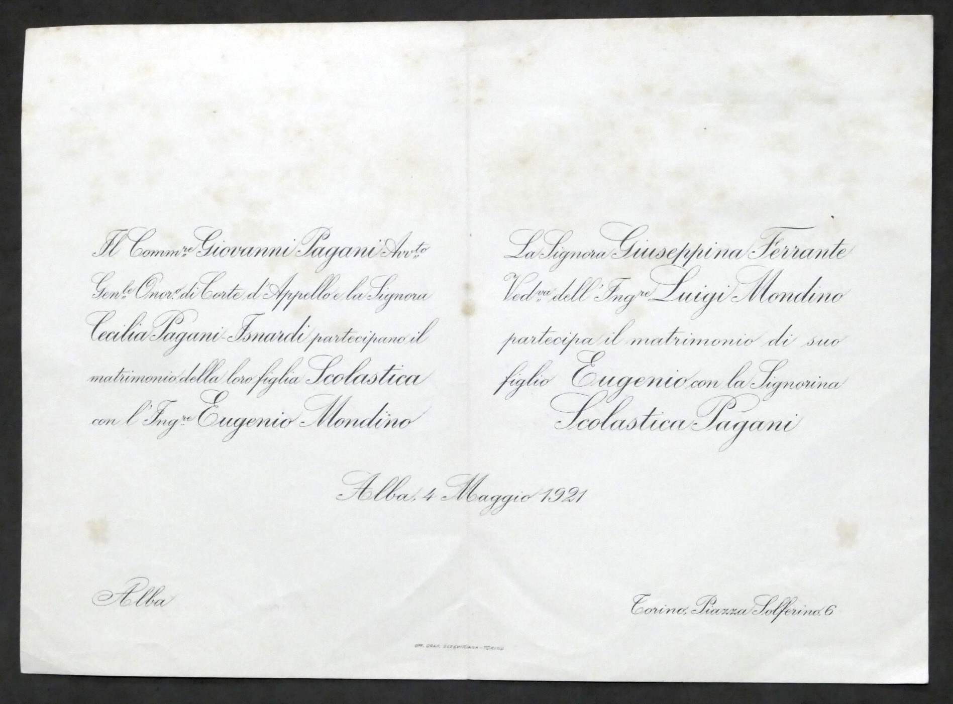 Invito Nozze ingegnere Eugenio Mondino con la signorina Scolastica Pagani …