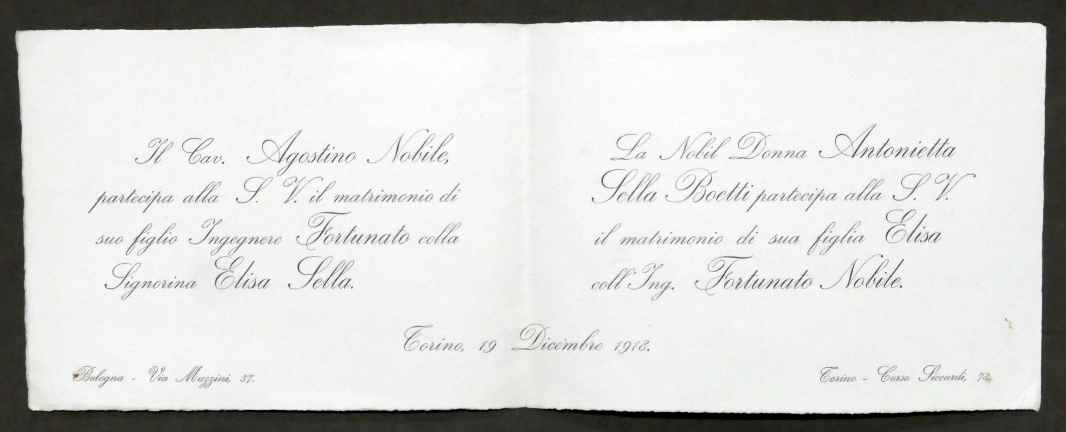 Invito Nozze ingegnere Fortunato Nobile con la signorina elisa Sella …
