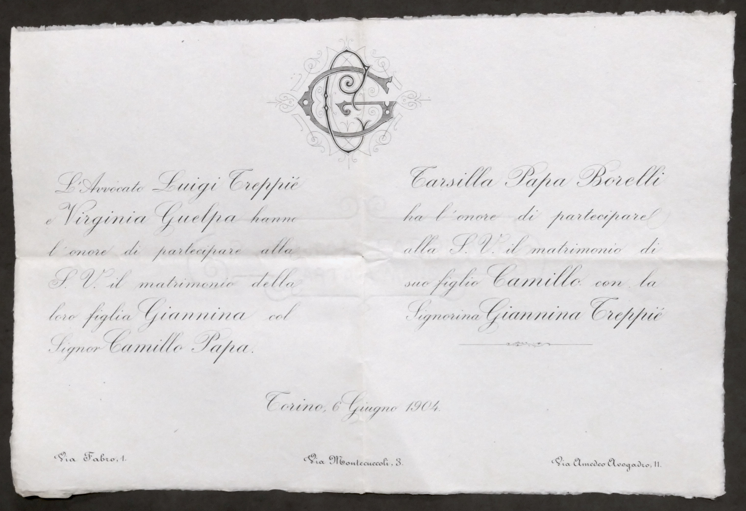 Invito Nozze signor Camillo Papa con la signorina Giannina Treppiè …