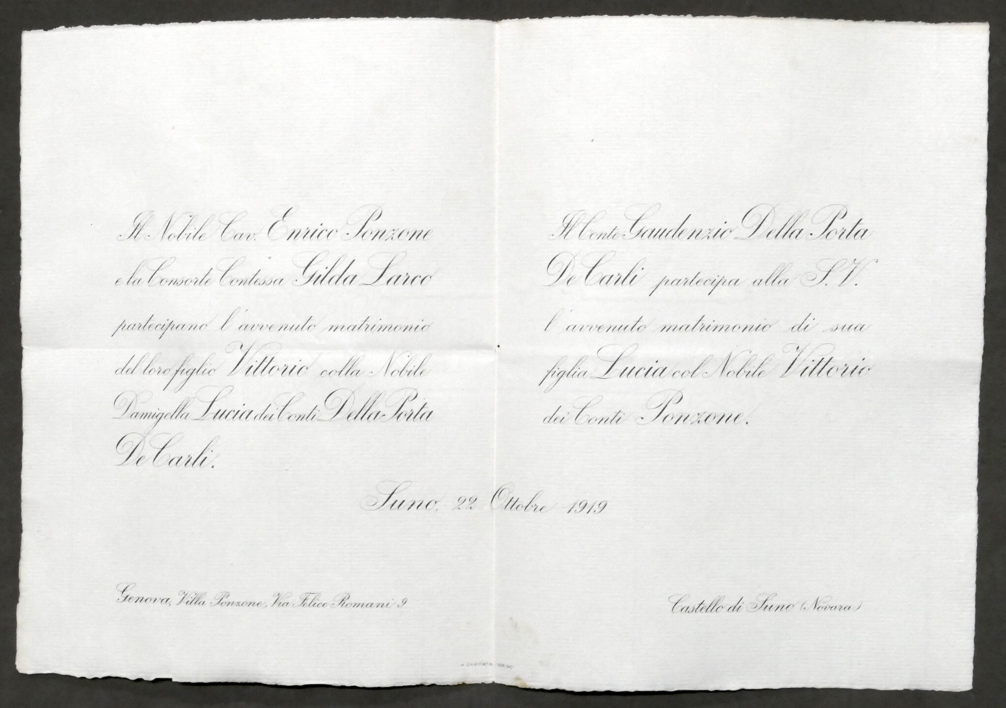 Invito Nozze Vittorio dei Conti ponzone con Lucia dei Conti …