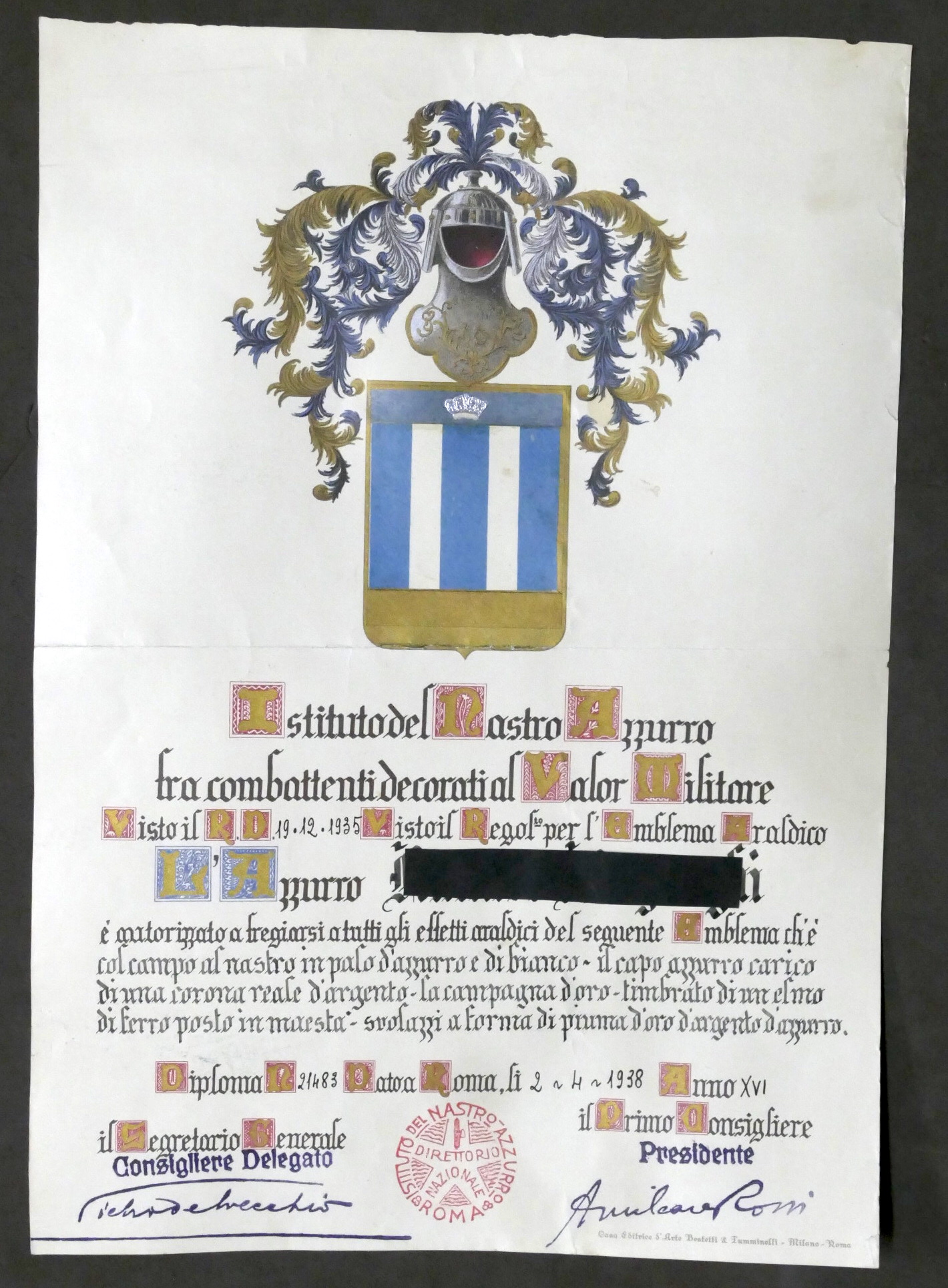 Istituto Nastro Azzurro - Autorizzazione a fregiarsi di emblema araldico …