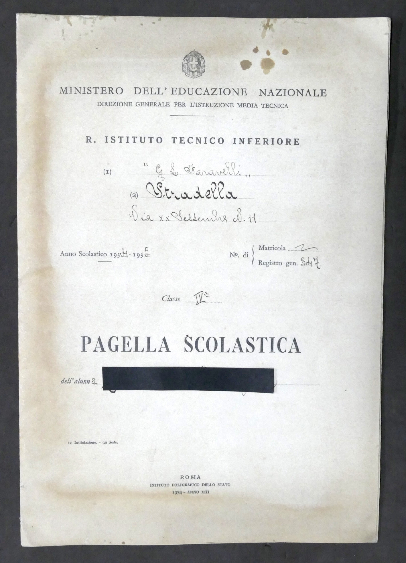 Istituto Tecnico Faravelli di Stradella - Pagella scolastica classe IV …