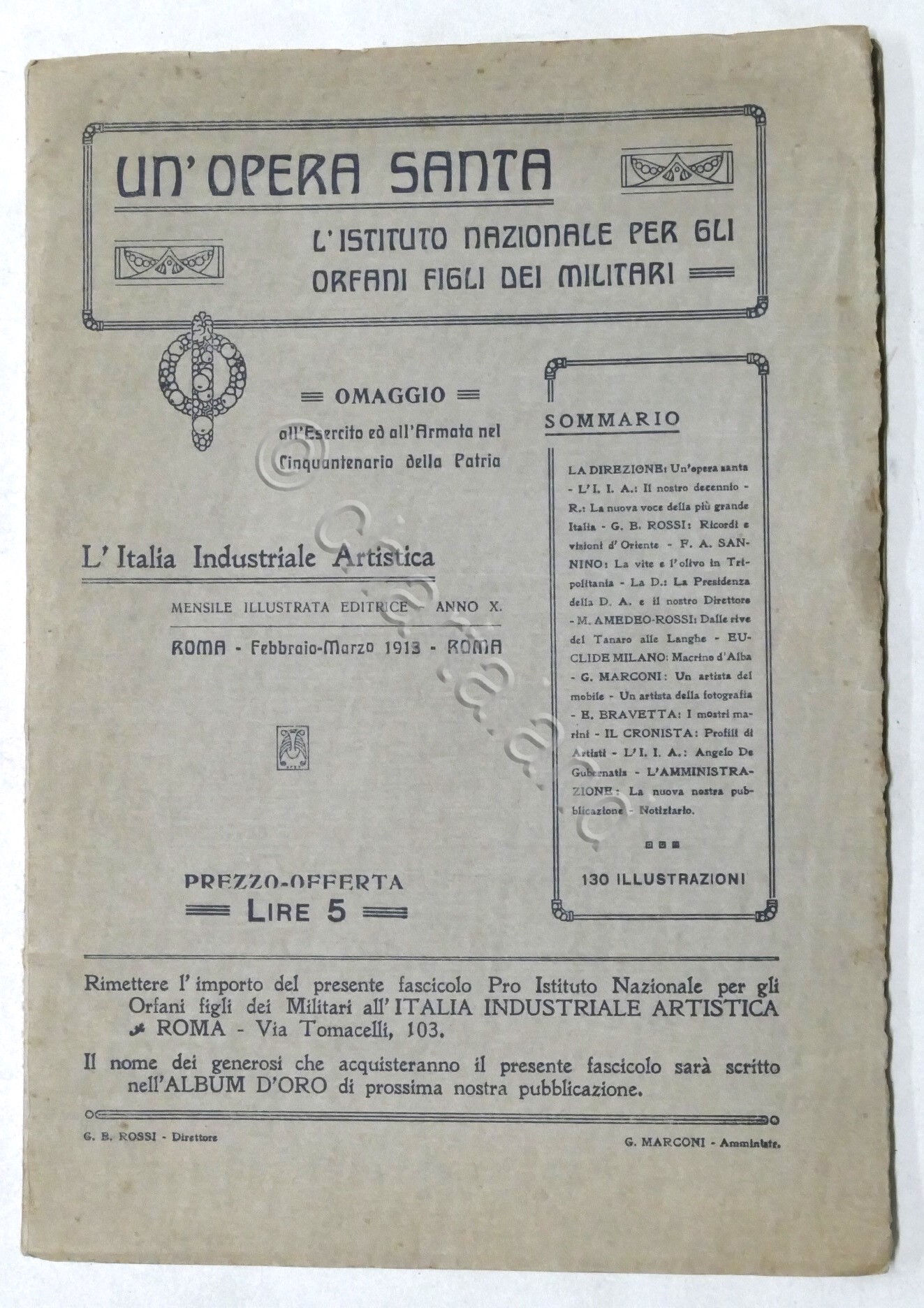 Italia Industriale Artisica Numero unico: Opera Santa Orfani figli Militari …