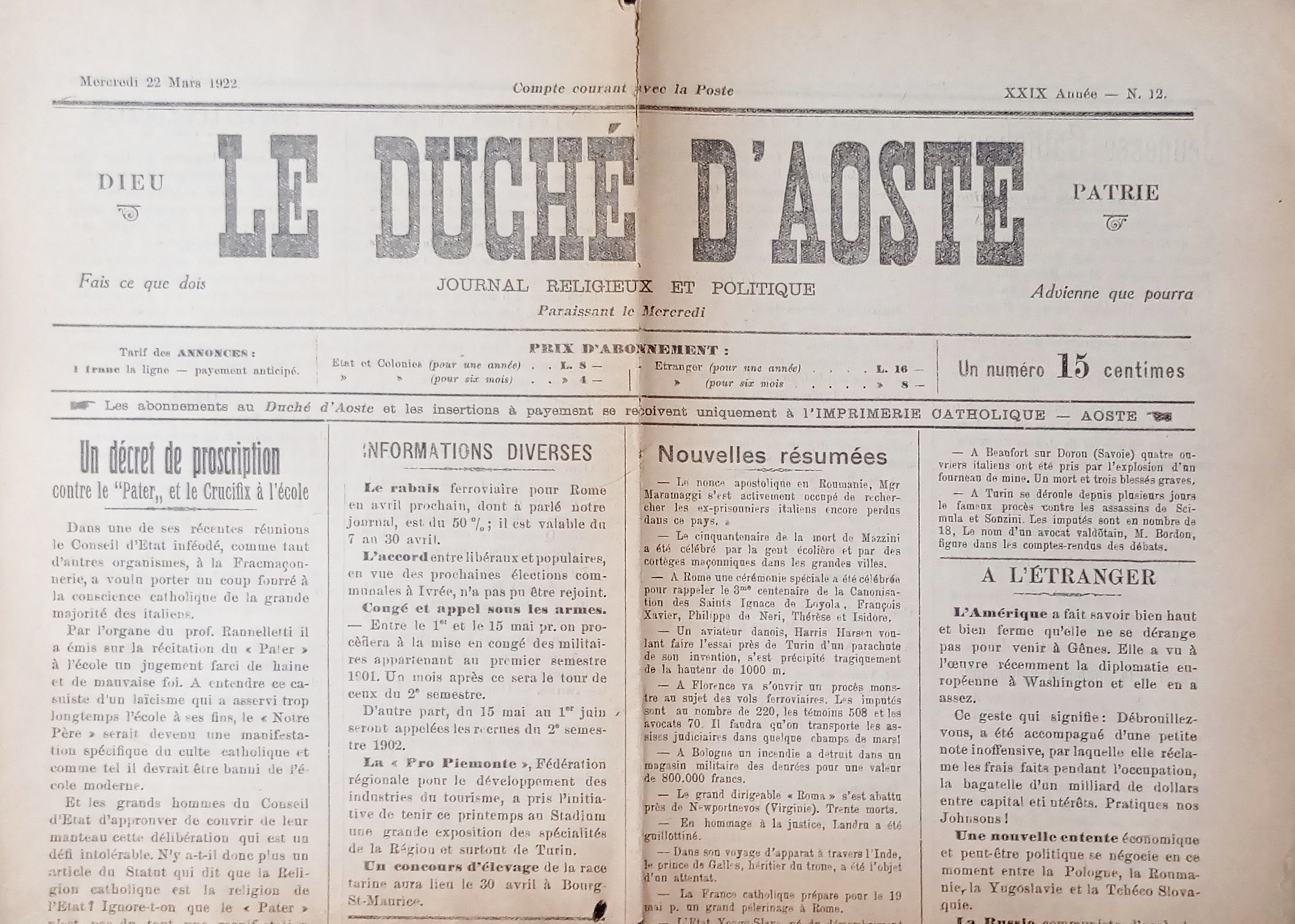 Journal Religieux et Politique - Le Duchè d'Aoste N. 12 …