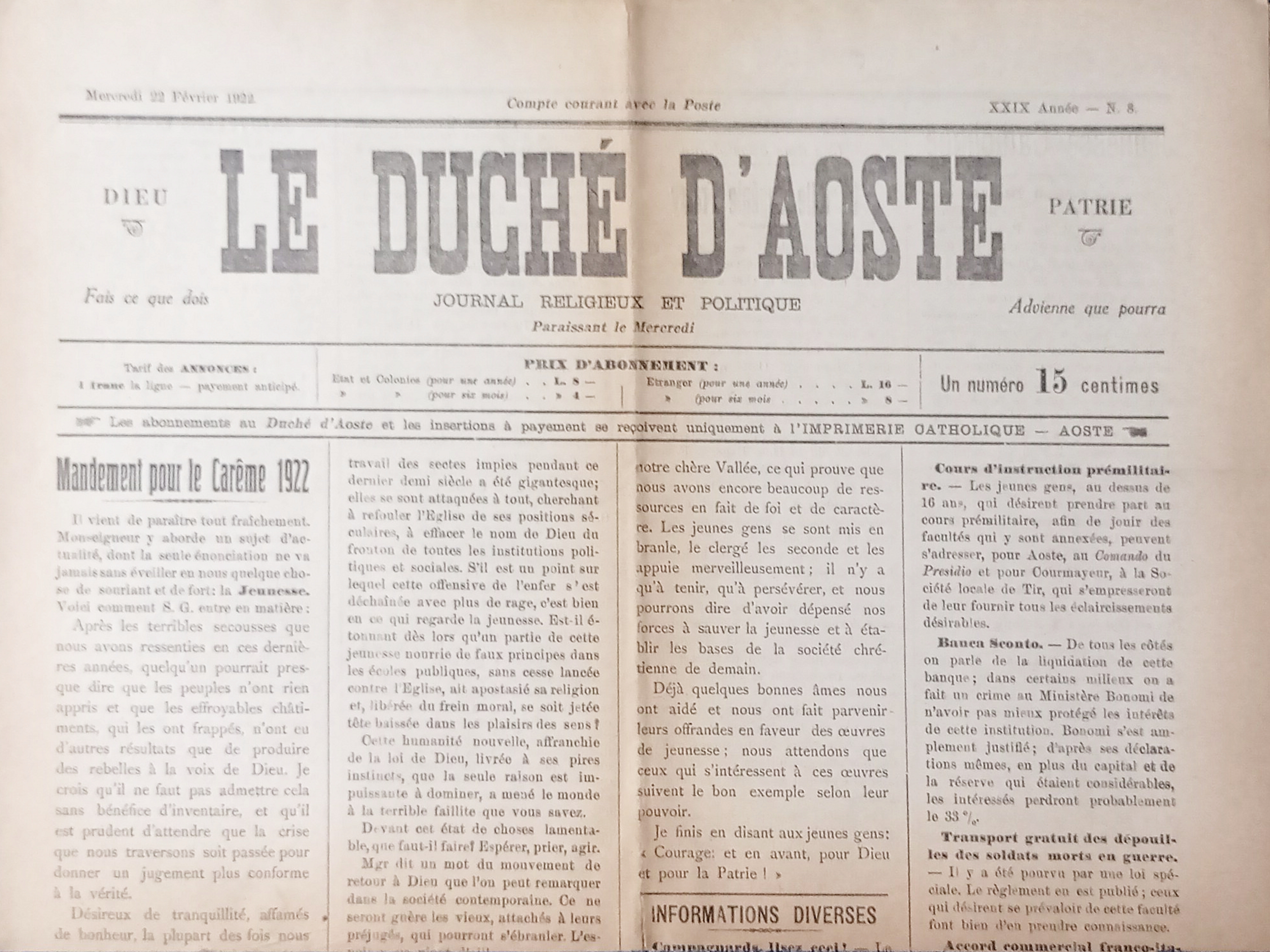 Journal Religieux et Politique - Le Duchè d'Aoste N. 8 …