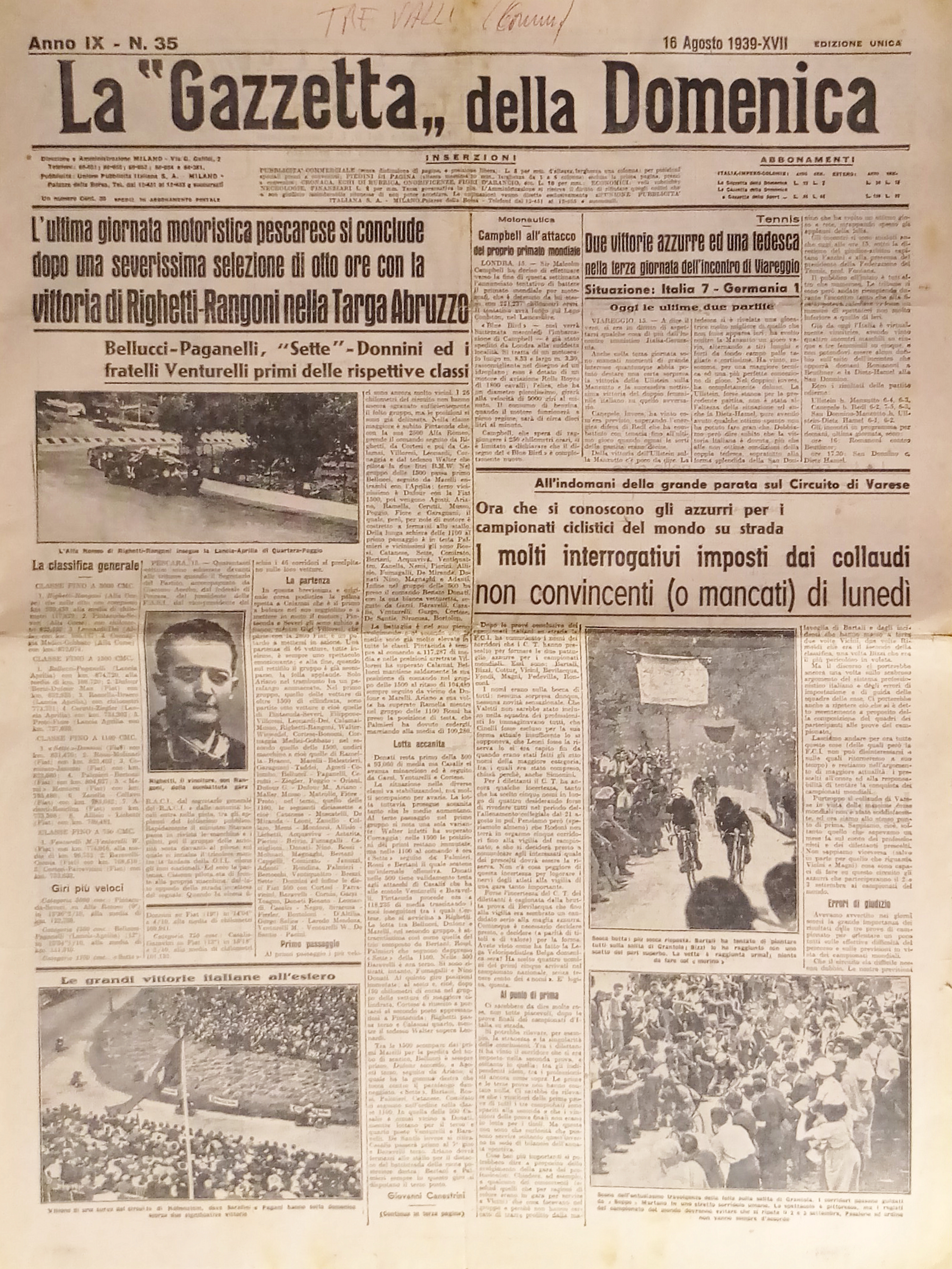 La Gazzetta della Domenica N. 35 - 1939 Vittoria di …