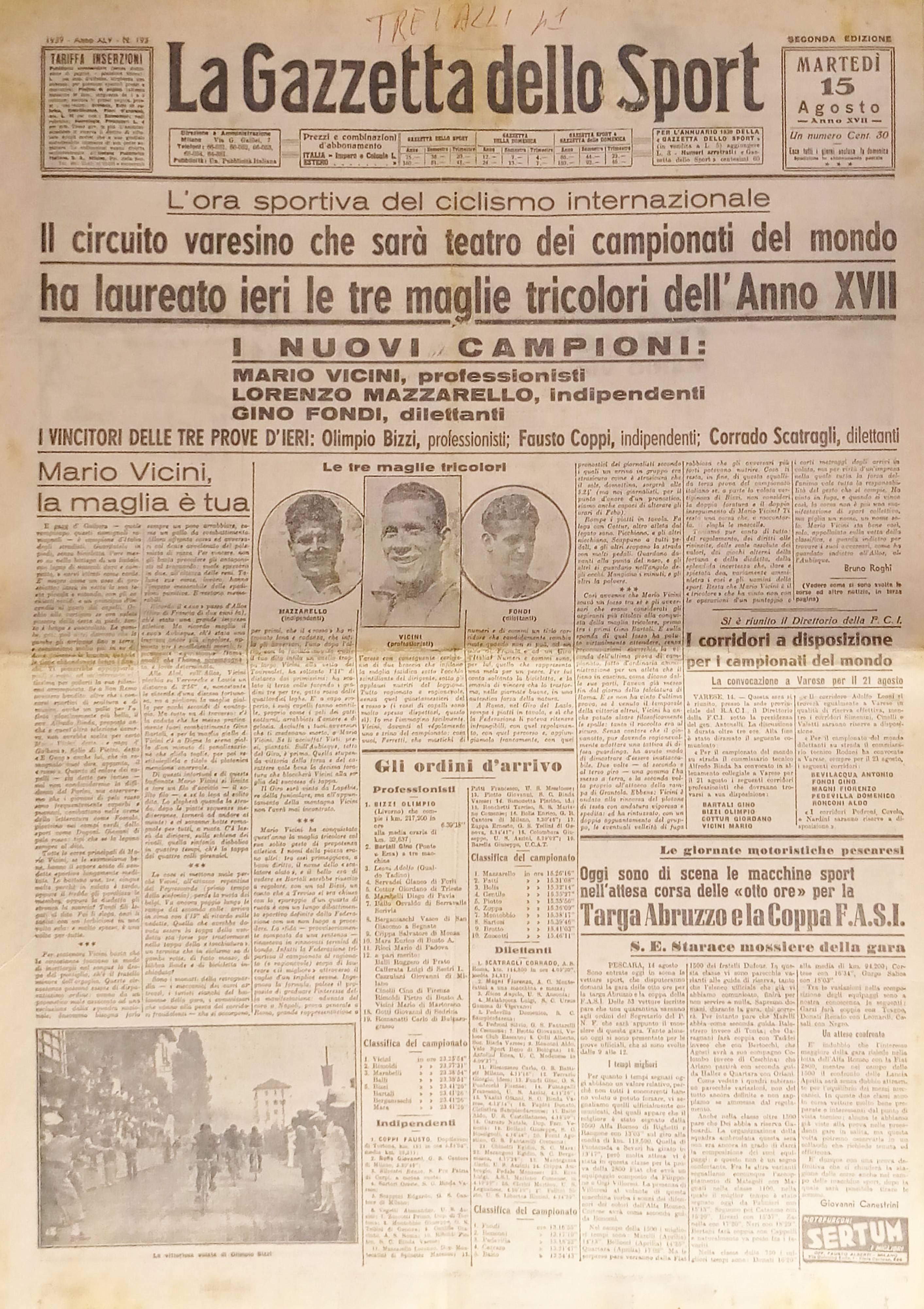 La Gazzetta dello Sport N.193 - 1939 Maglie tricolori Mazzarello, …