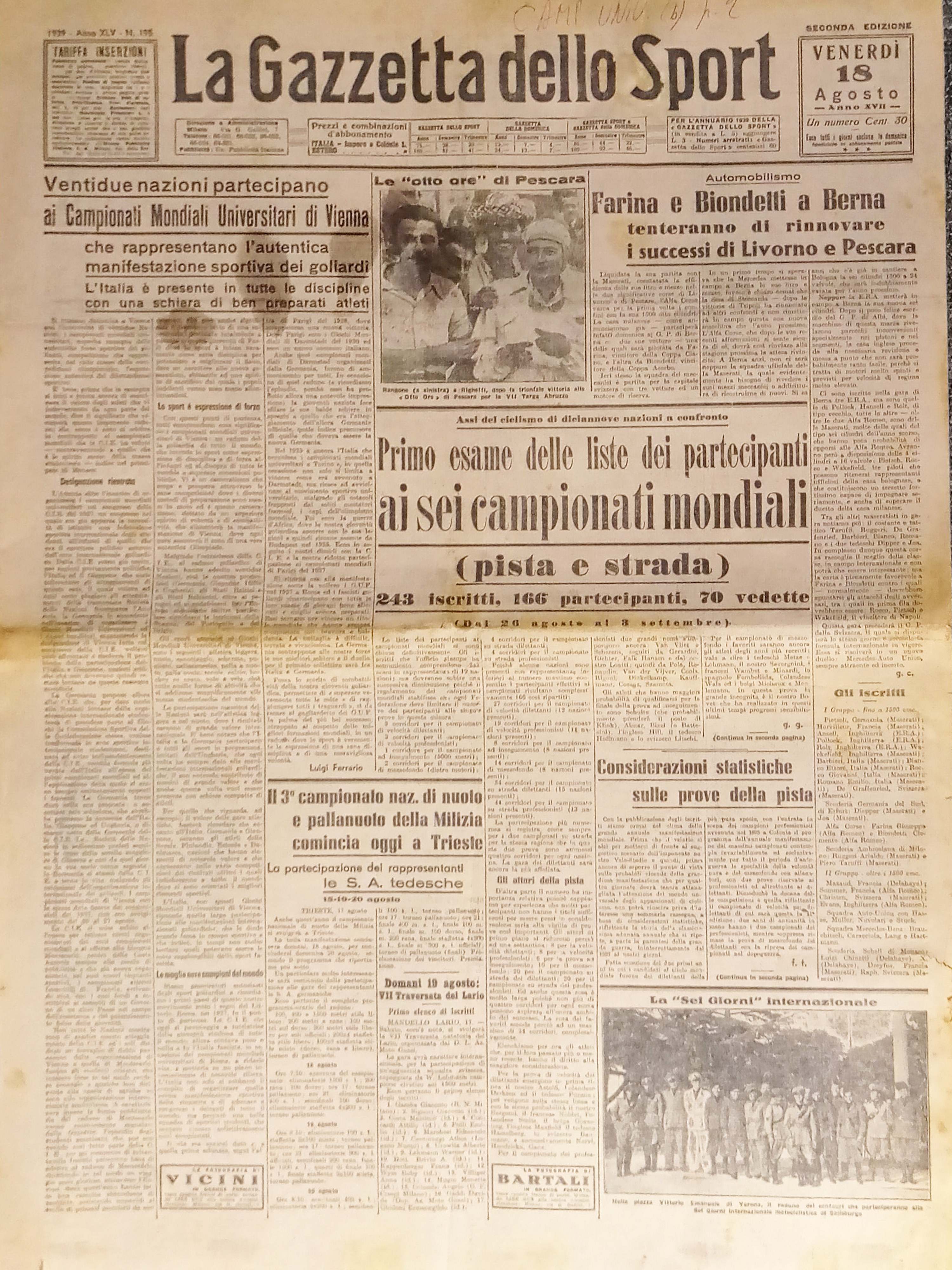 La Gazzetta dello Sport N. 195 - 1939 Farina e …