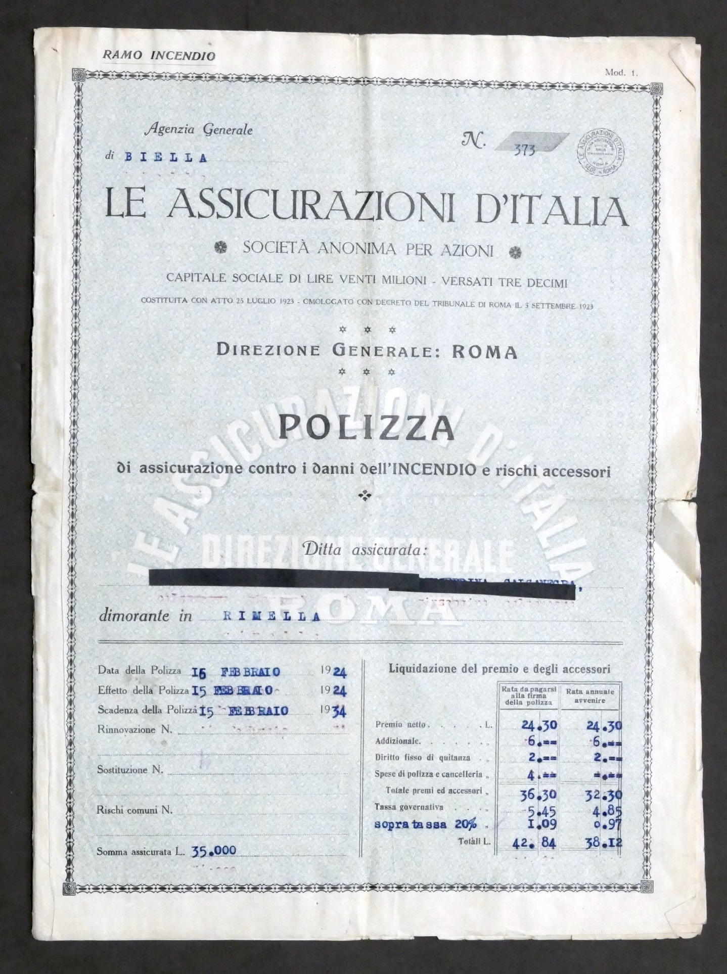 Le Assicurazioni d'Italia - Polizza contro i danni dall'incendio - …