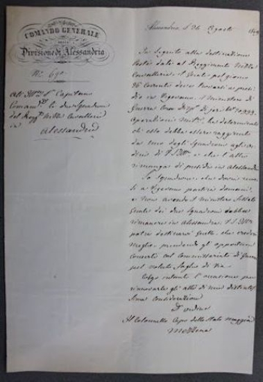 Lettera Autografo Colonnello Capo Stato Maggiore Mezzena 1849 Alessandria
