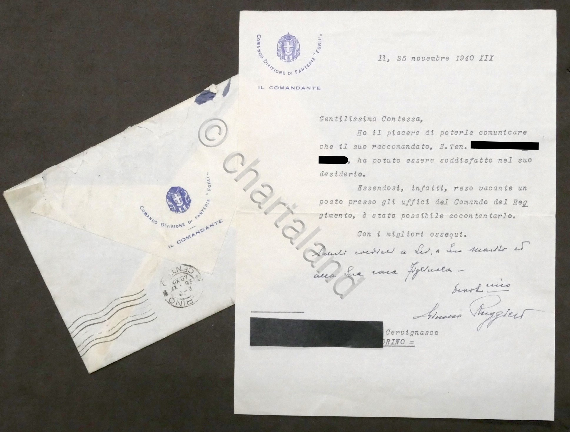 Lettera con autografo Comandante divisione Fanteria Forlì Giunio Ruggeri 1940