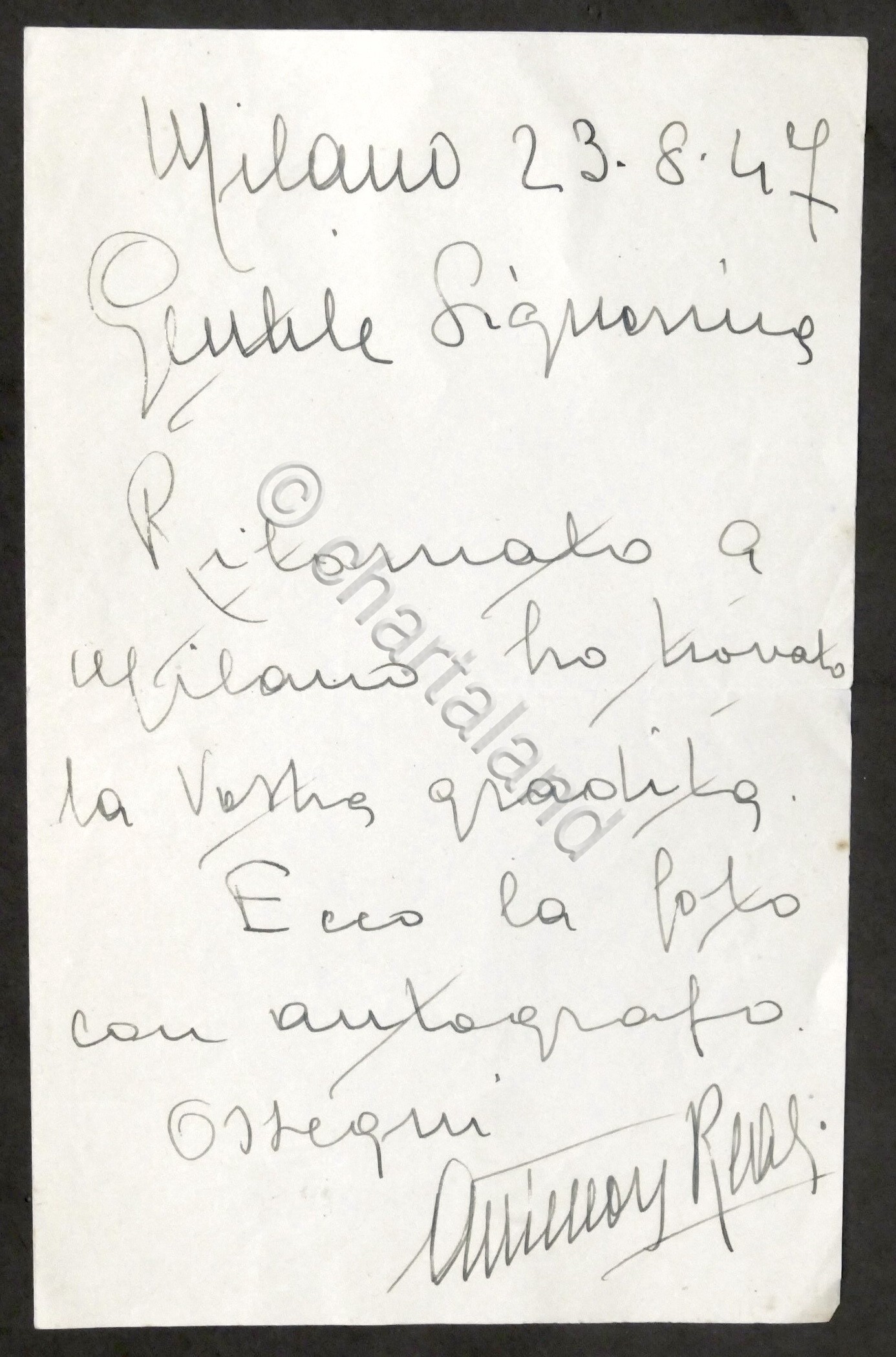Lettera con autografo del baritono Antenore Reali - 1947