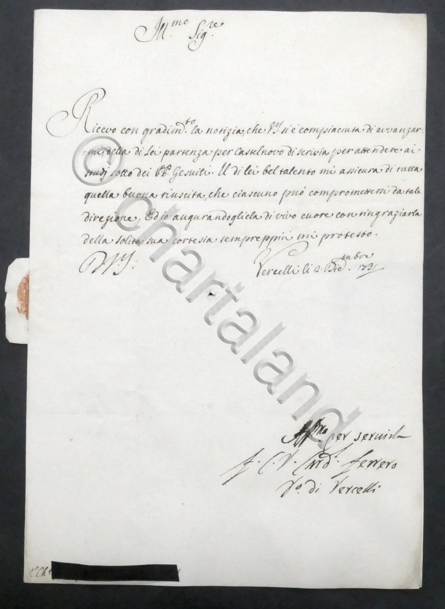 Lettera con autografo del Cardinale Carlo Vincenzo Ferrero - 1731
