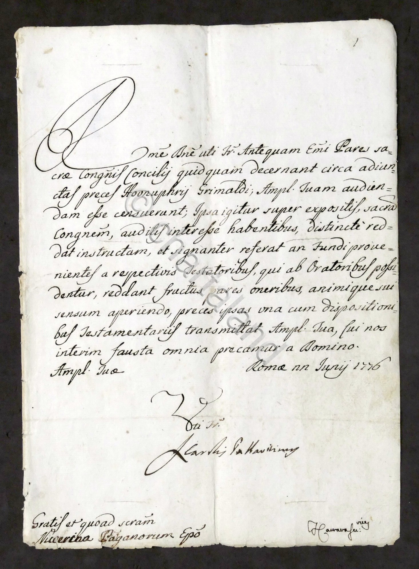 Lettera con autografo del Cardinale Lazzaro Pallavicini - 1776