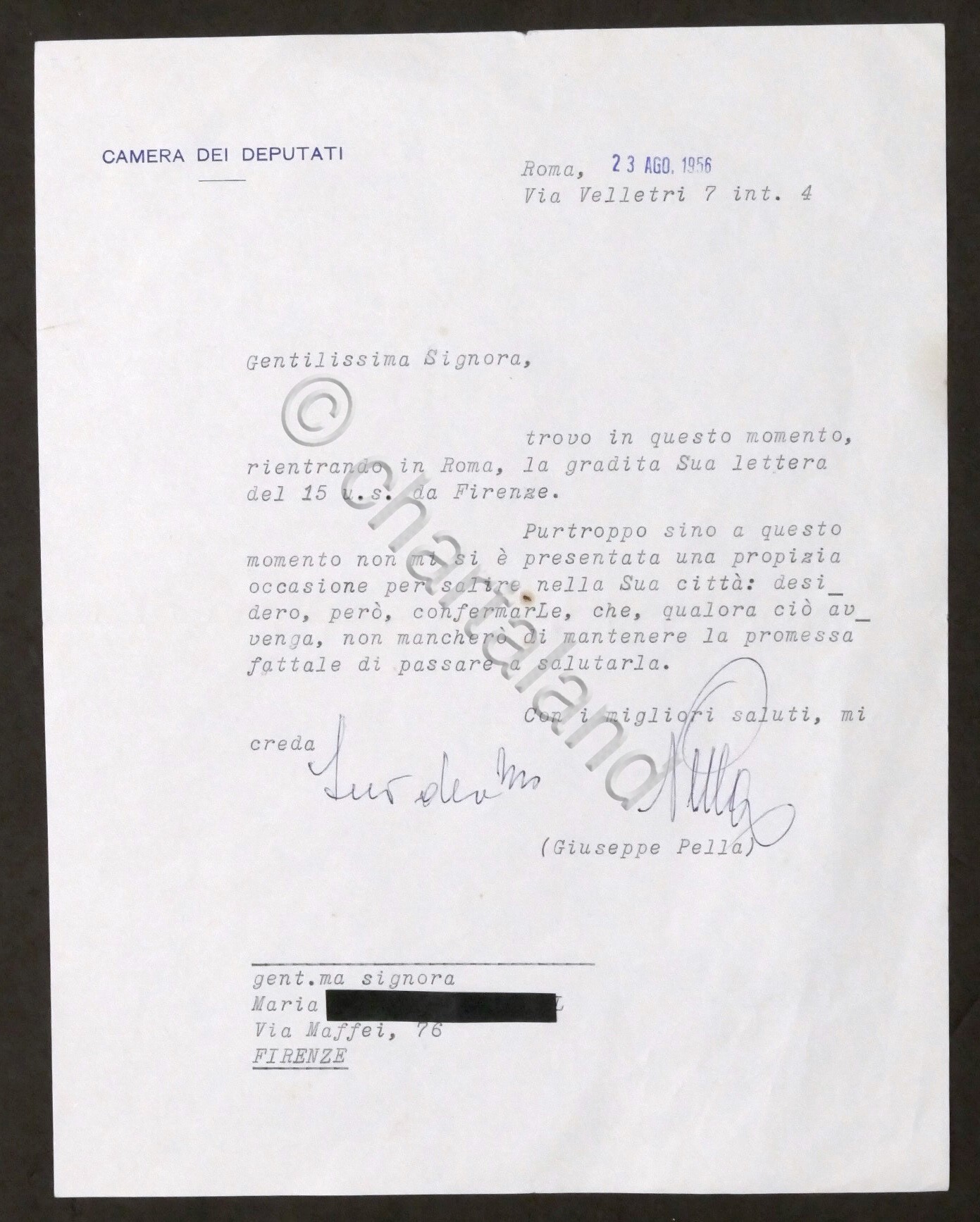 Lettera con autografo del deputato Giuseppe Pella - 1956