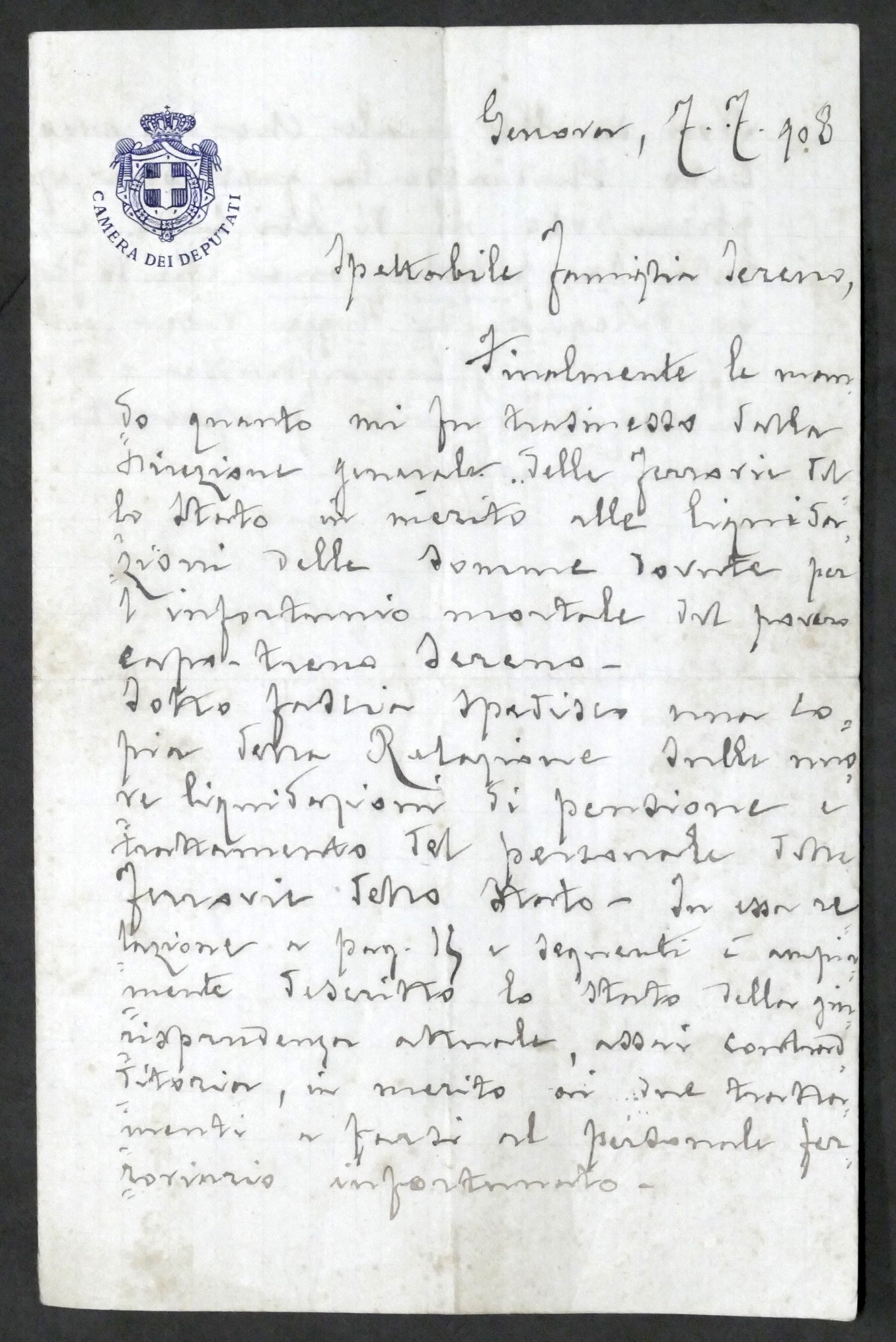 Lettera con autografo del deputato Natale Gallino - 1908